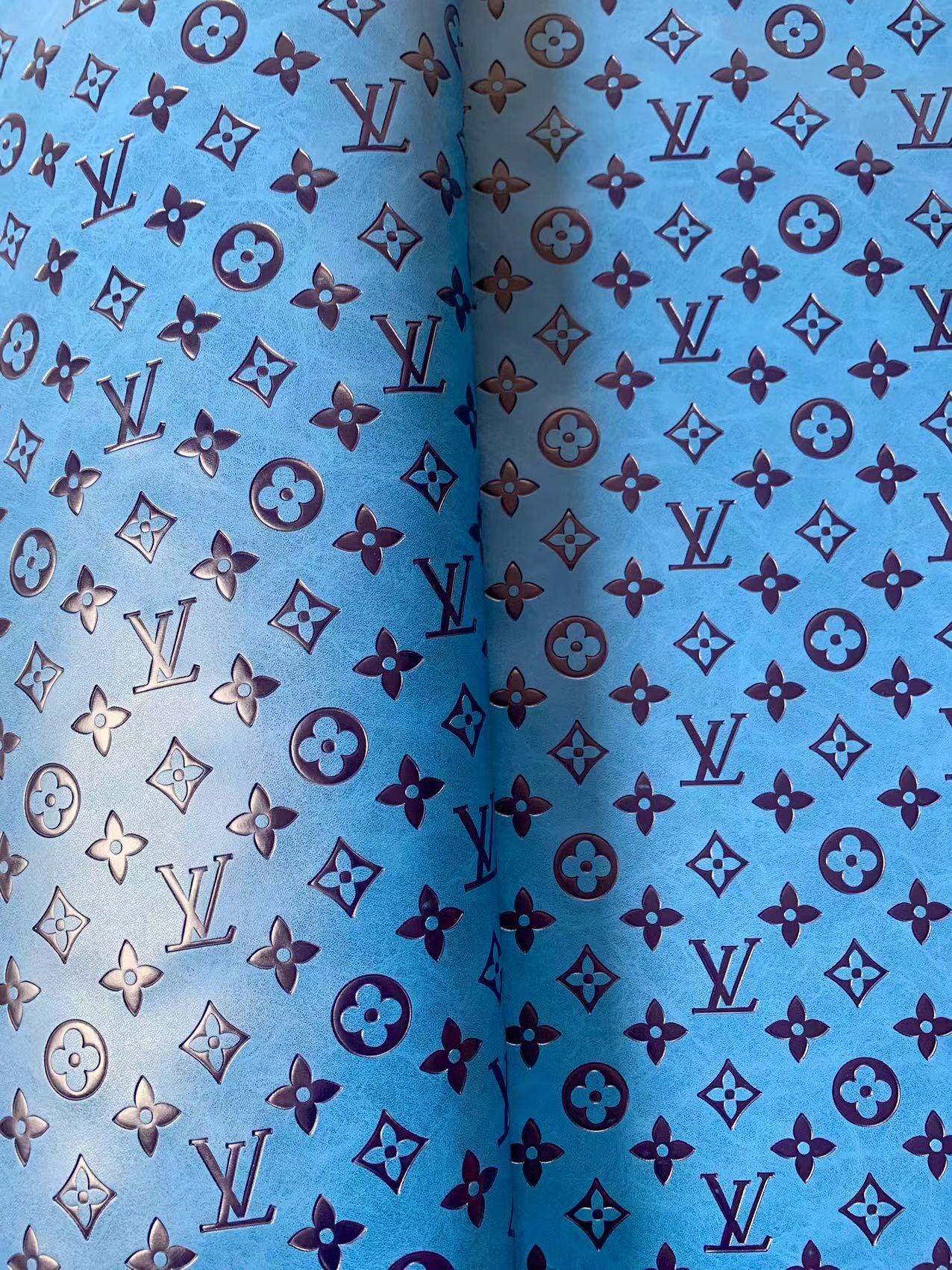 Fashion LV Vantage Embossed Leather Fabric For Handmade Handicrafts,DIY Shoes ,Customized Bags LV Design Leather By Yard (Blue)