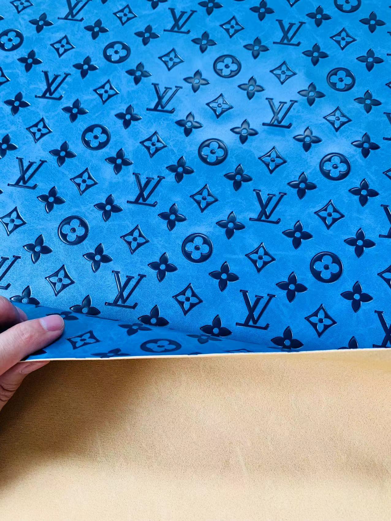 Fashion LV Vantage Embossed Leather Fabric For Handmade Handicrafts,DIY Shoes ,Customized Bags LV Design Leather By Yard (Blue)