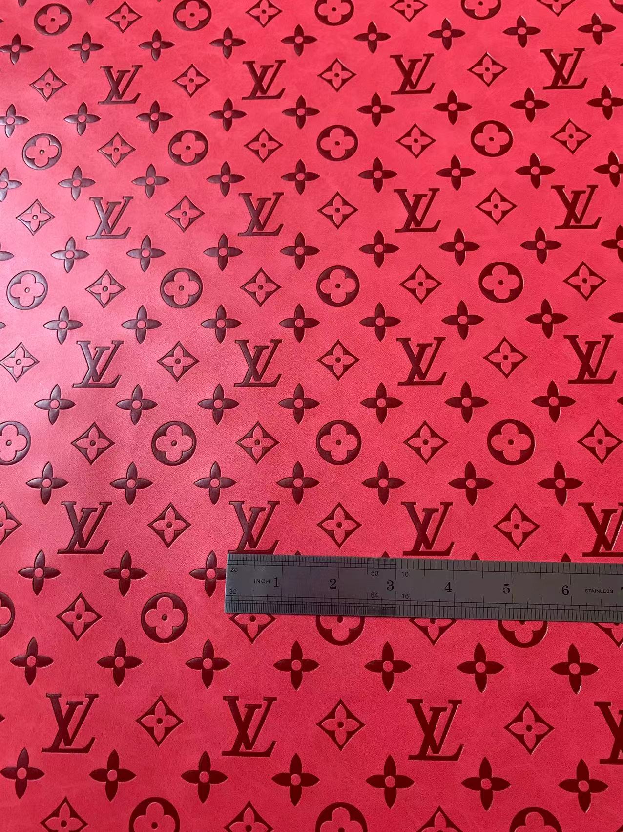 Fashion LV Vantage Embossed Leather Fabric For Handmade Handicrafts,DIY Shoes ,Customized Bags LV Design Leather By Yard (Red)