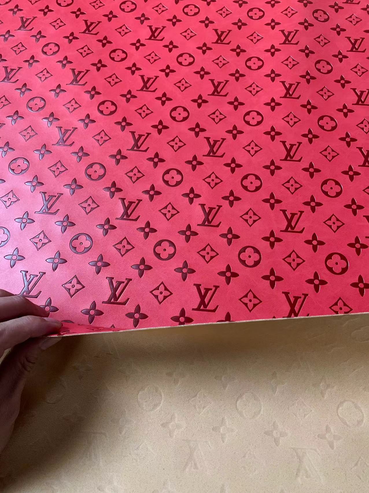 Fashion LV Vantage Embossed Leather Fabric For Handmade Handicrafts,DIY Shoes ,Customized Bags LV Design Leather By Yard (Red)