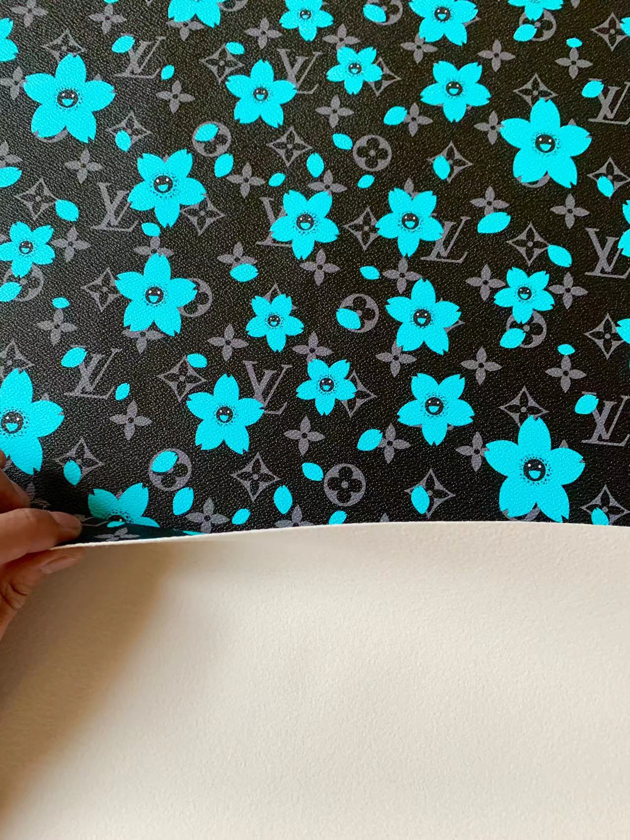 Craft Peach Flower Design LV Leather Fabric For Handicraft Goods By Yard (Black)