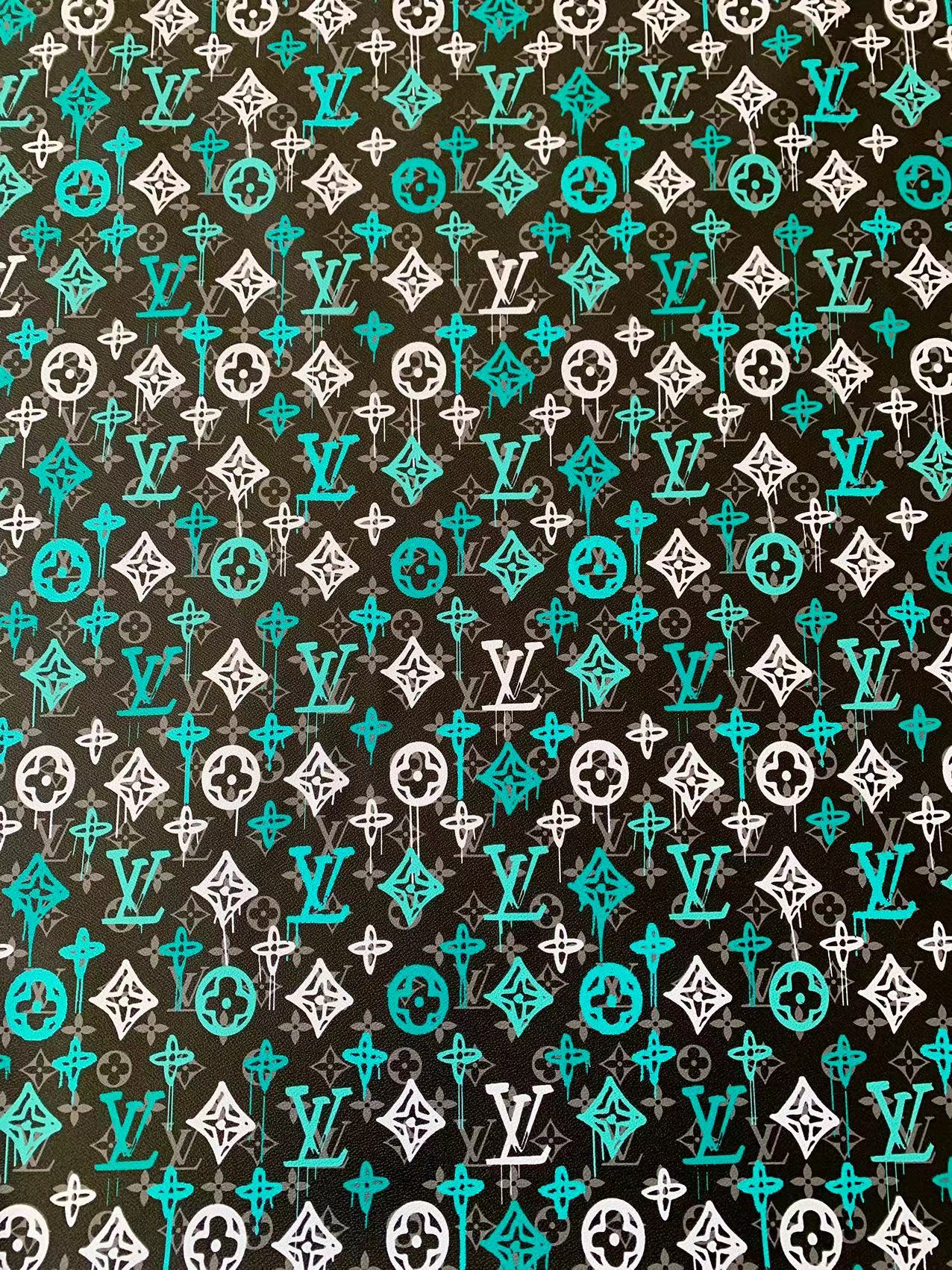 Craft Green With White Graffiti Design LV Leather Fabric For Handicraft Sneaker Upholstery By Yard