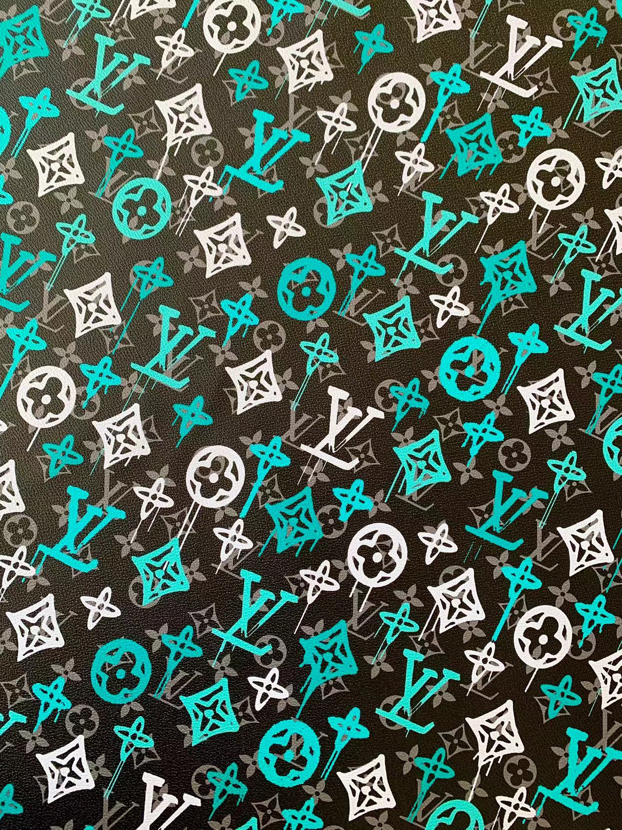 Craft Green With White Graffiti Design LV Leather Fabric For Handicraft Sneaker Upholstery By Yard
