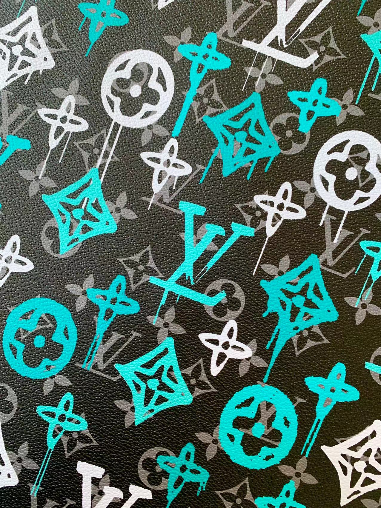 Craft Green With White Graffiti Design LV Leather Fabric For Handicraft Sneaker Upholstery By Yard