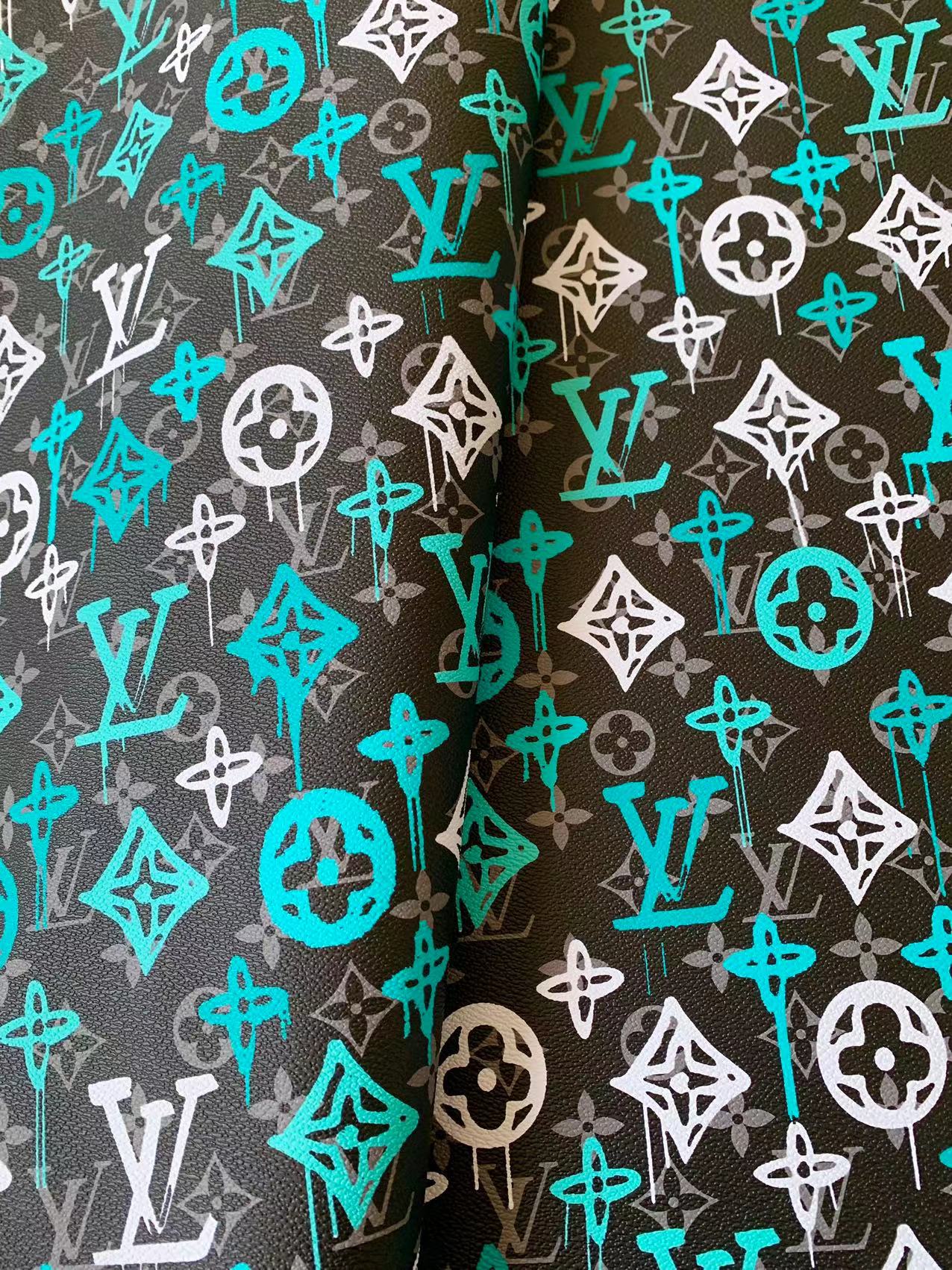 Craft Green With White Graffiti Design LV Leather Fabric For Handicraft Sneaker Upholstery By Yard