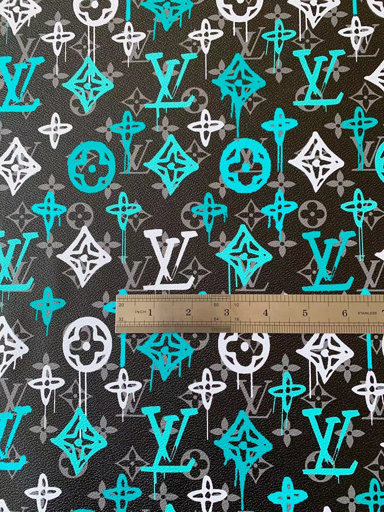 Craft Green With White Graffiti Design LV Leather Fabric For Handicraft Sneaker Upholstery By Yard