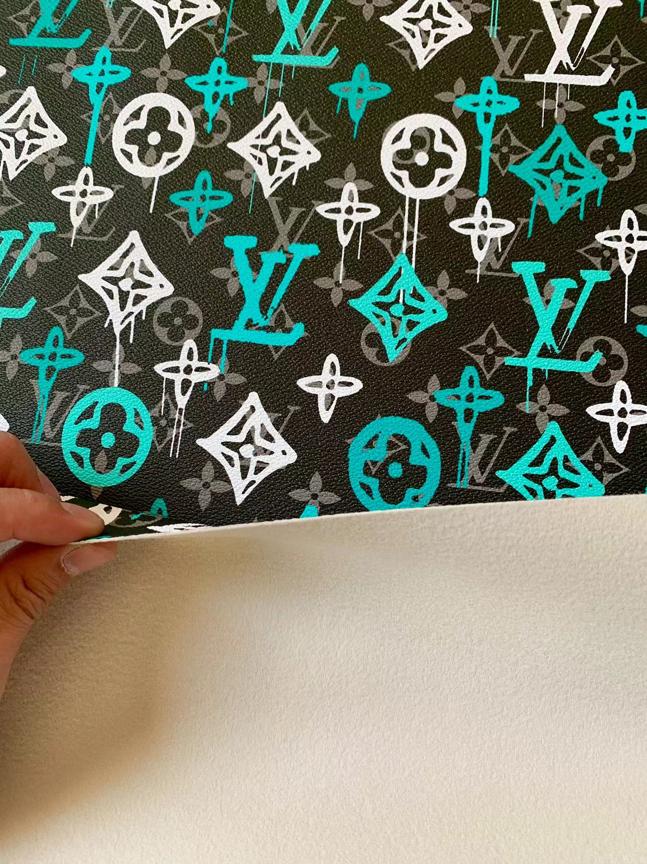 Craft Green With White Graffiti Design LV Leather Fabric For Handicraft Sneaker Upholstery By Yard