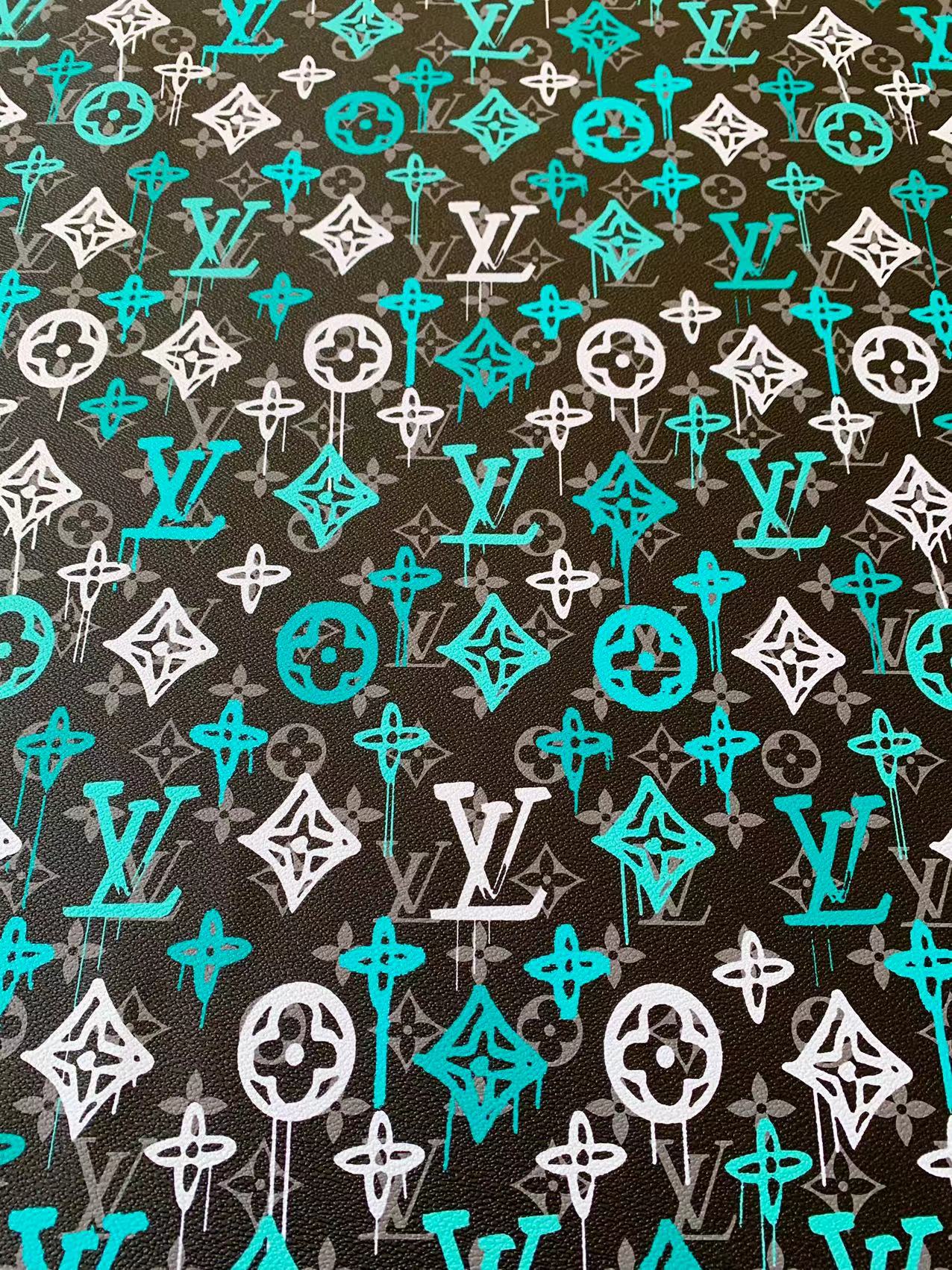 Craft Green With White Graffiti Design LV Leather Fabric For Handicraft Sneaker Upholstery By Yard