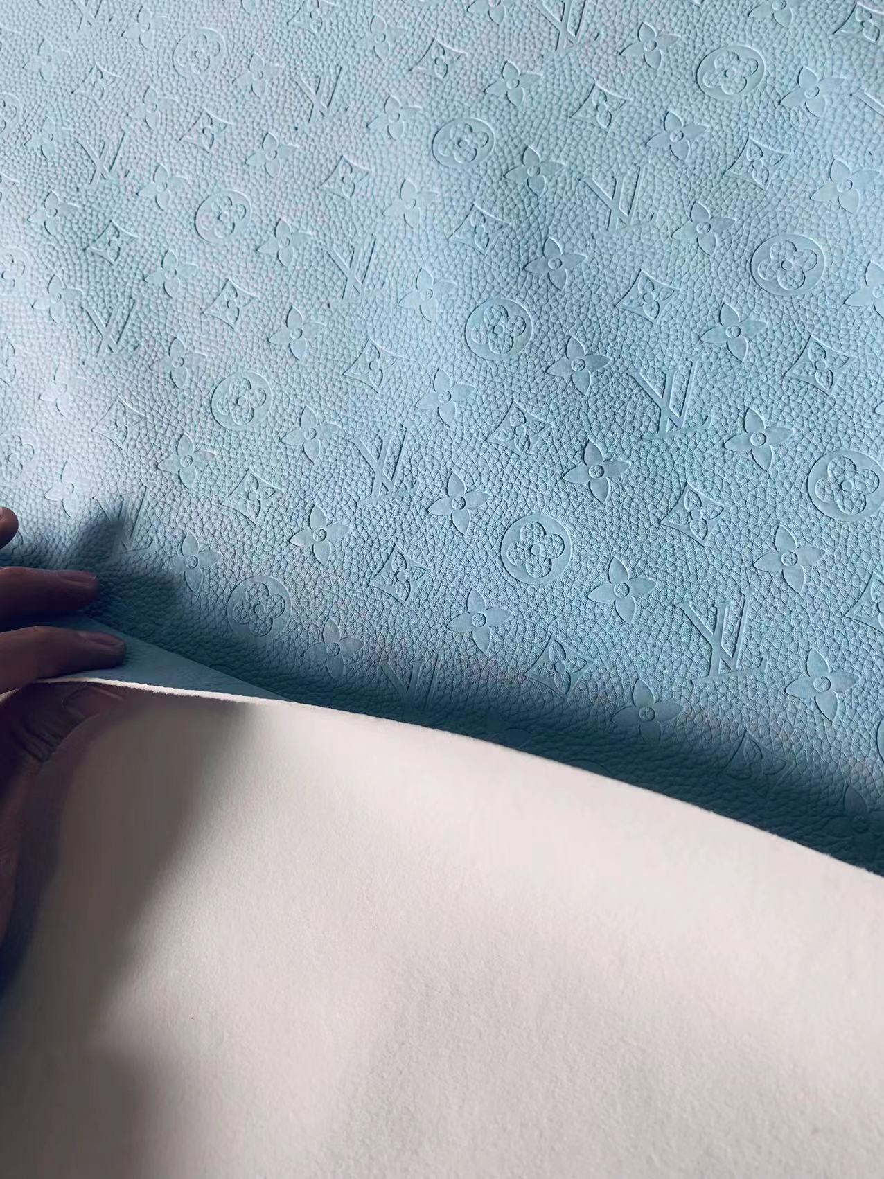 Fashion Embossed LV Crafting Leather Fabric For Handmade Bags and Shoe ,DIY Handicrafts By Yards (Sky Blue)