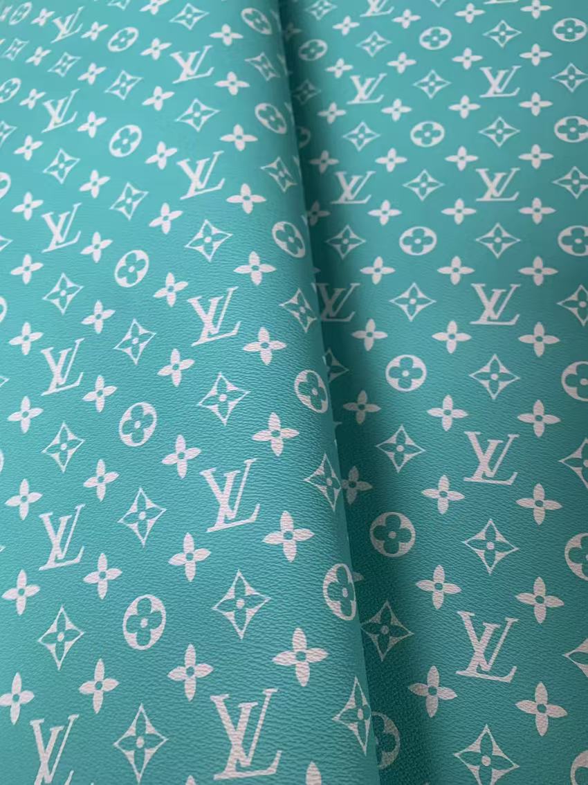Fashion Turquoise With White LV Vinyl Leather Fabric For Handmade Sneaker,Furniture ,Upholstery Goods By Yard