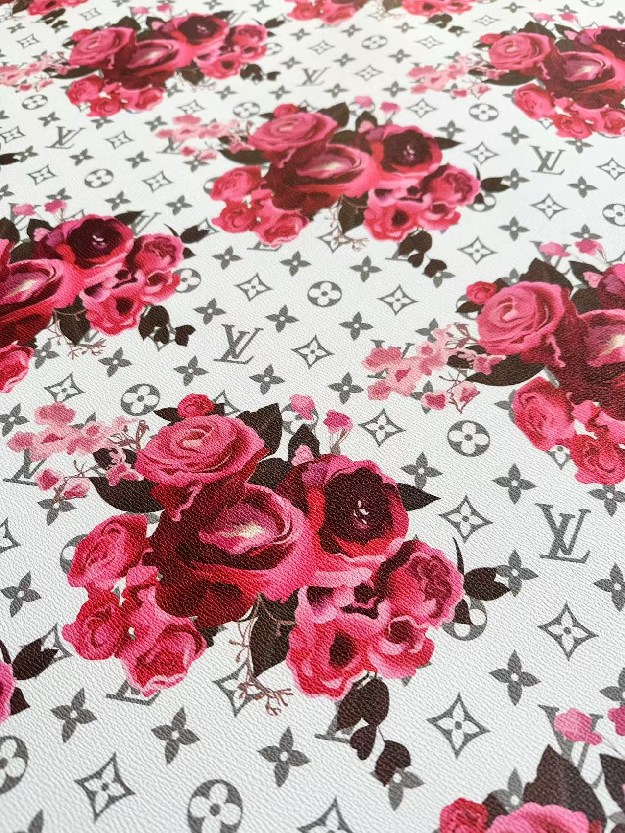 Fashion LV With Red Rose Design Leather Fabric For Handmade Bags , Handmade Shoes By Yards