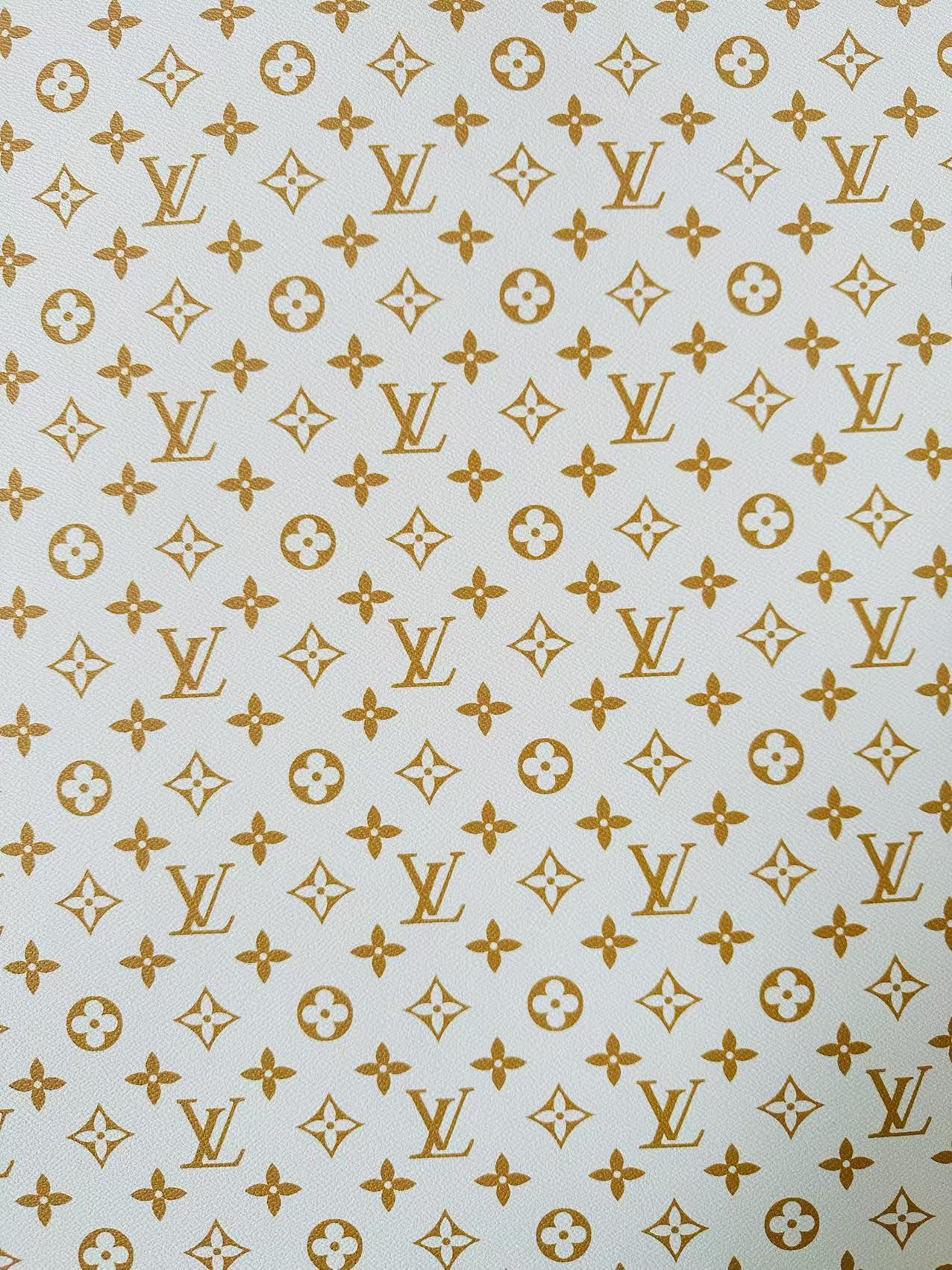 Fashion White With Gold LV Vinyl Leather For Handmade Sneaker, Upholstery Handicraft By Yard