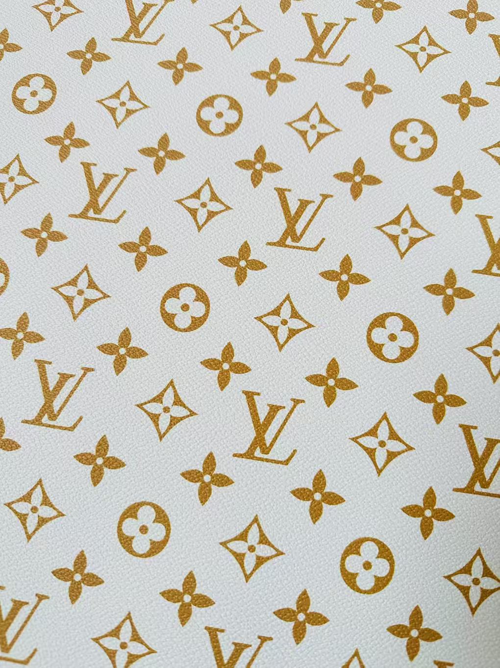 Fashion White With Gold LV Vinyl Leather For Handmade Sneaker, Upholstery Handicraft By Yard