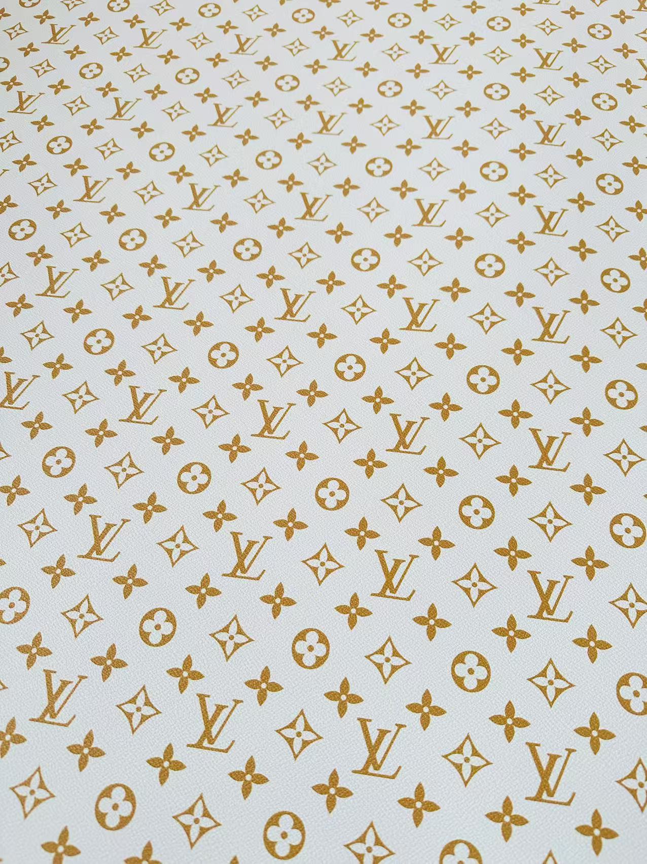 Fashion White With Gold LV Vinyl Leather For Handmade Sneaker, Upholstery Handicraft By Yard