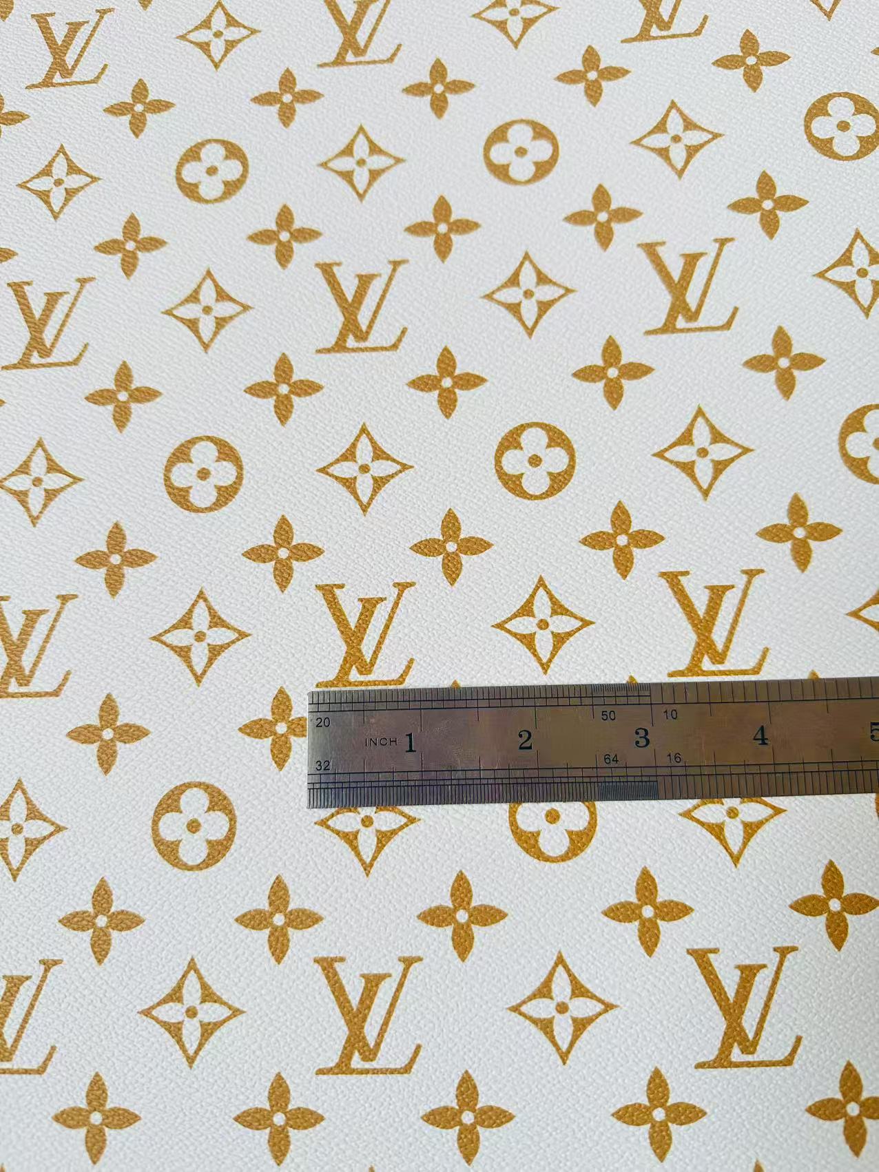 Fashion White With Gold LV Vinyl Leather For Handmade Sneaker, Upholstery Handicraft By Yard
