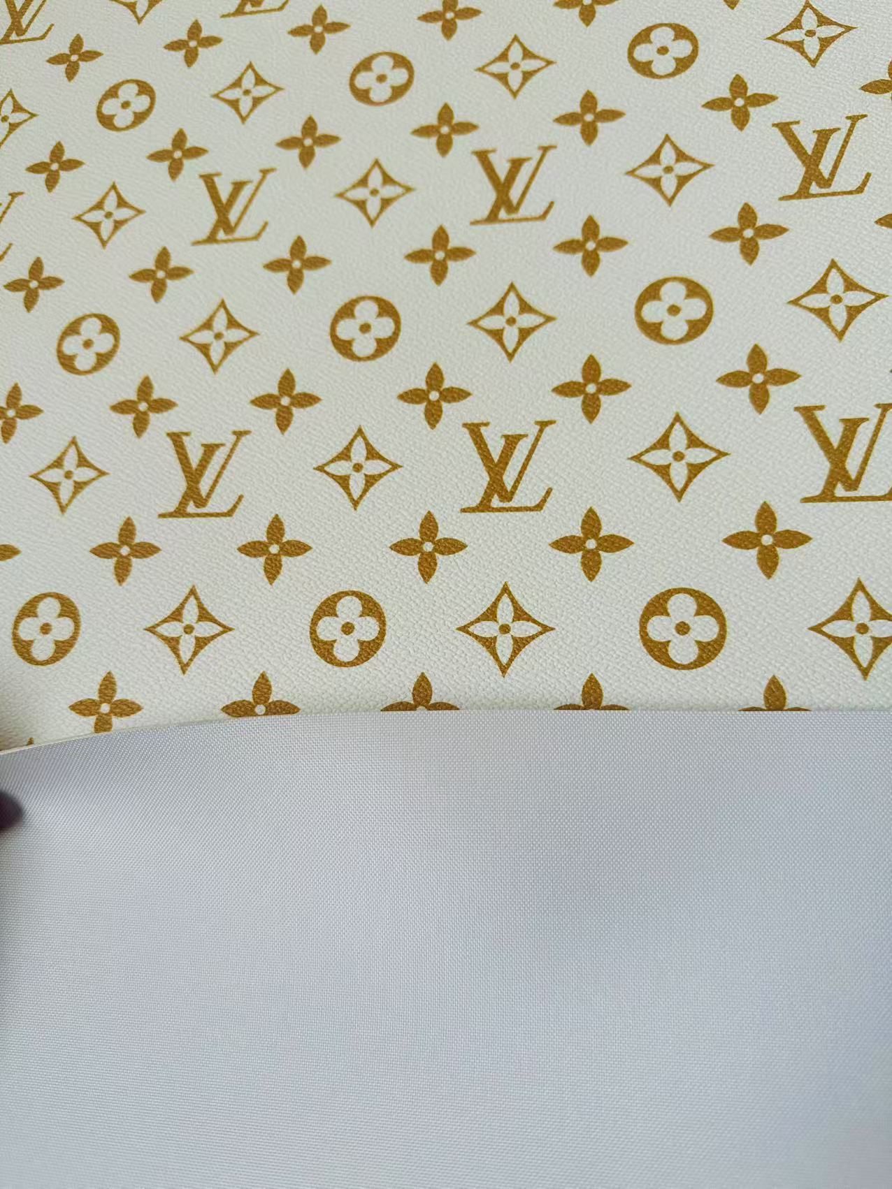 Fashion White With Gold LV Vinyl Leather For Handmade Sneaker, Upholstery Handicraft By Yard