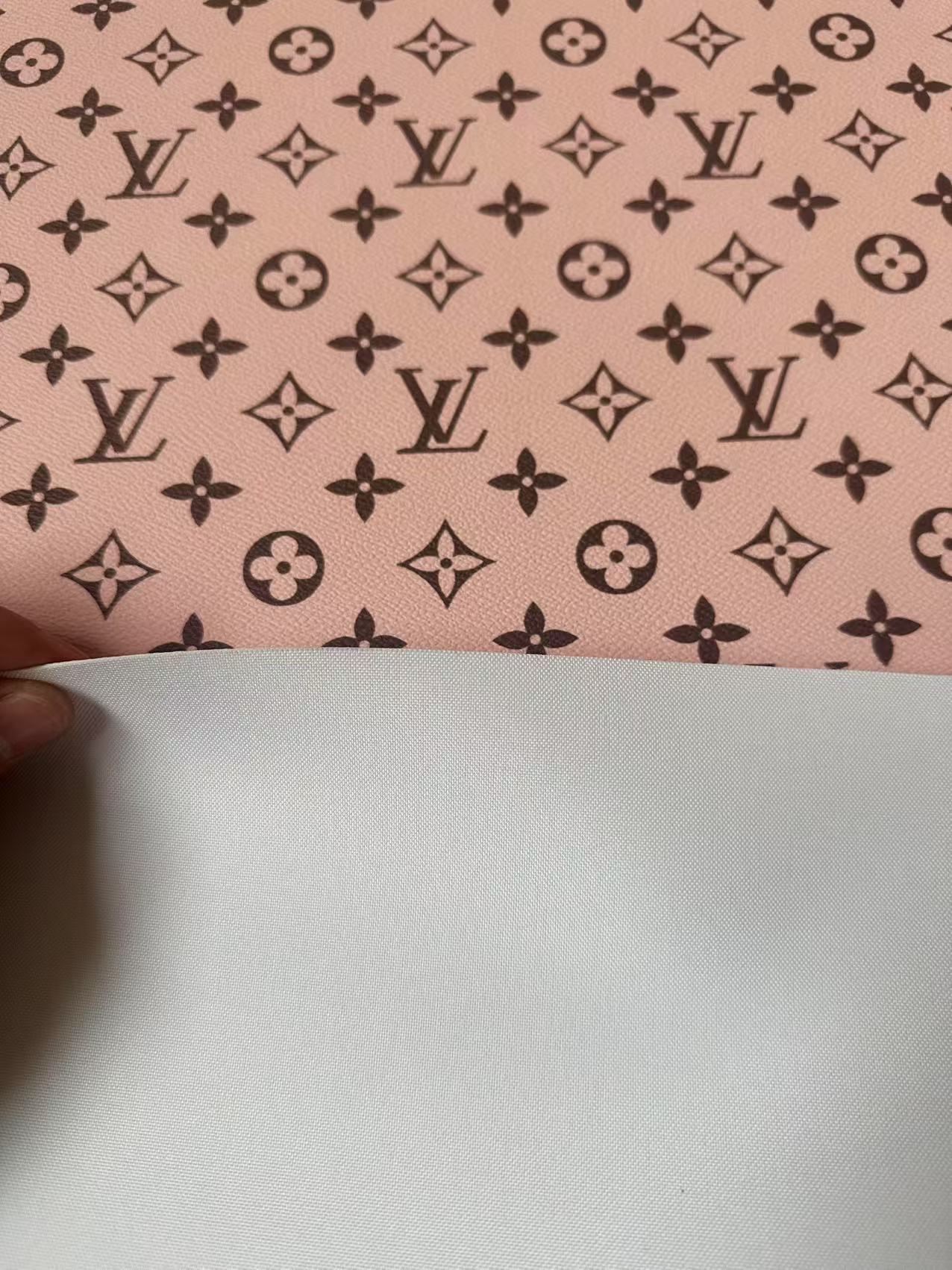 Fashion Baby Pink With Black LV Vinyl Leather For Handmade Sneaker, Upholstery Handicraft By Yard