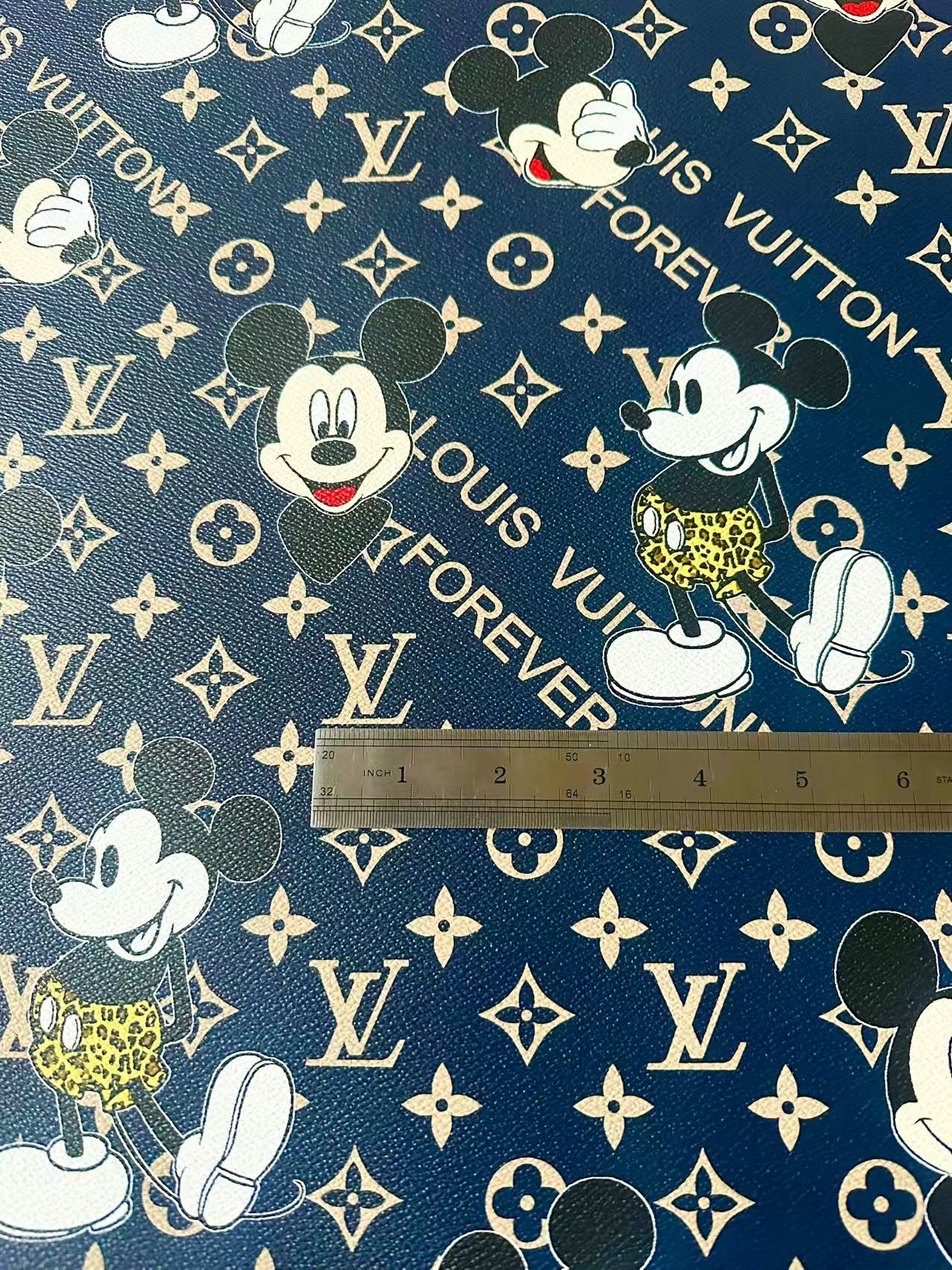 Craft Best Quality Navy Blue LV With Mickey Mouse Vinyl Leather Fabric For Handmade Sneaker,Upholstery Goods By Yard