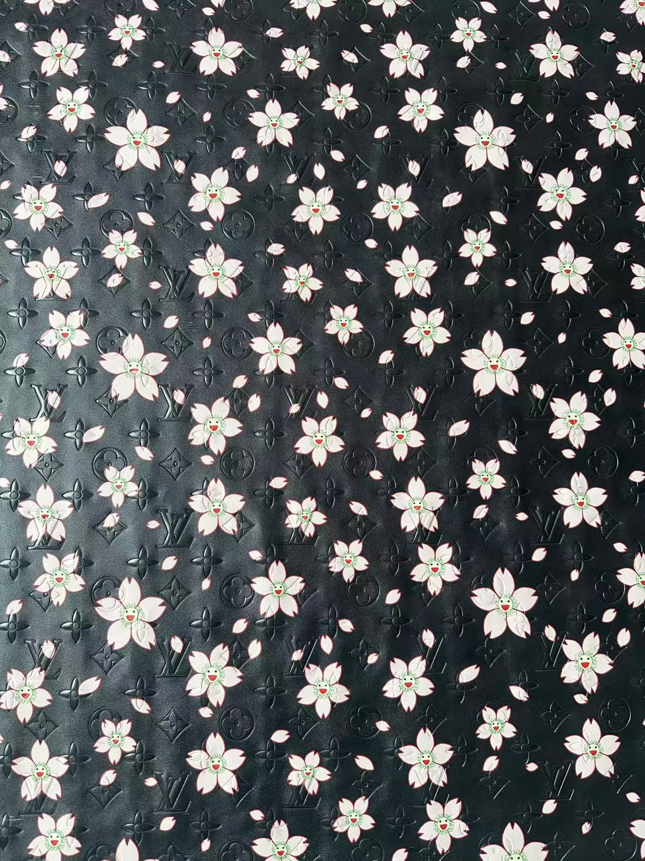 Fashion Black LV With Cherry Blossoms Embossed Leather For Handmade Sneaker,Bag ,Upholstery By Yard