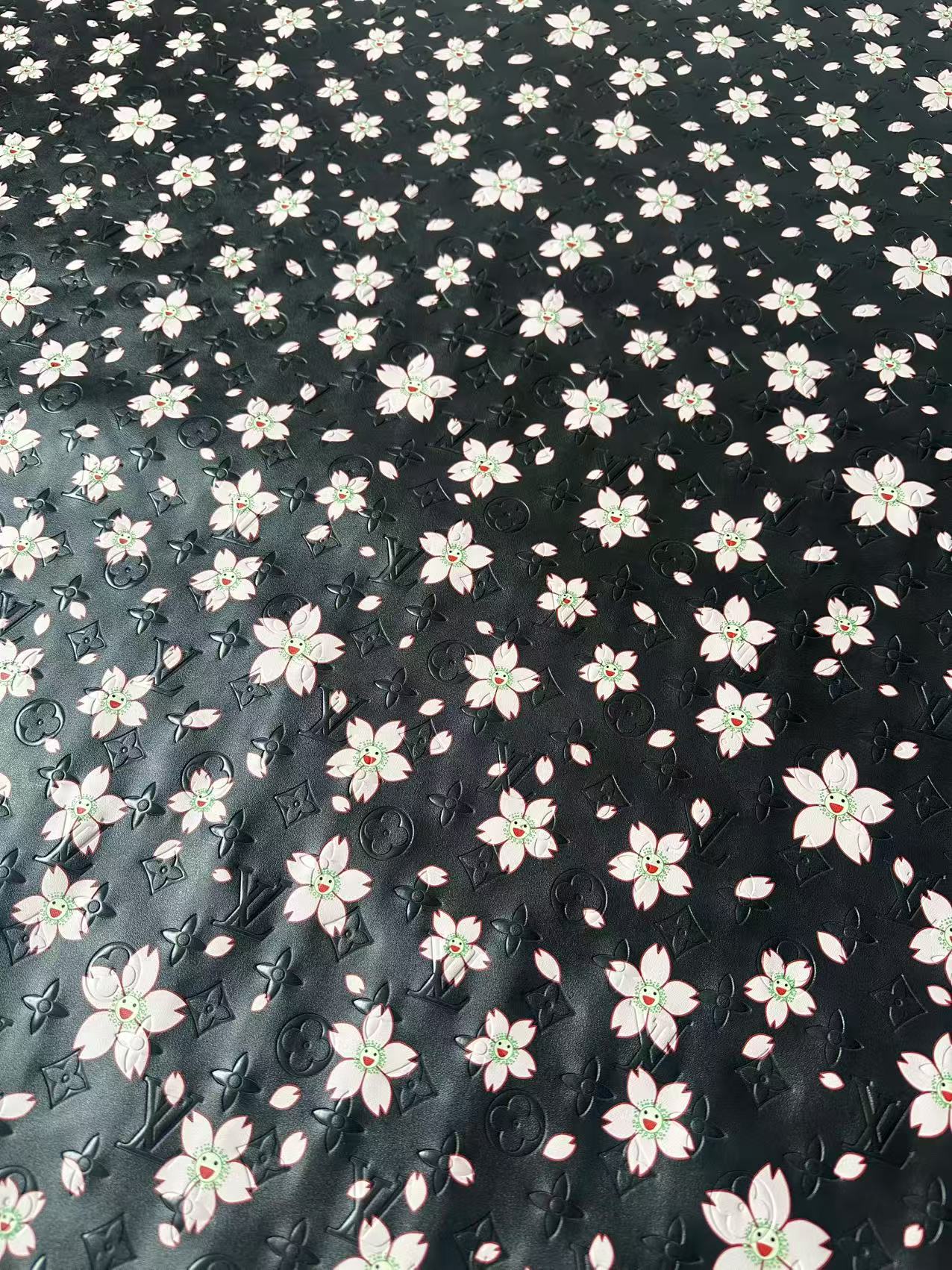 Fashion Black LV With Cherry Blossoms Embossed Leather For Handmade Sneaker,Bag ,Upholstery By Yard