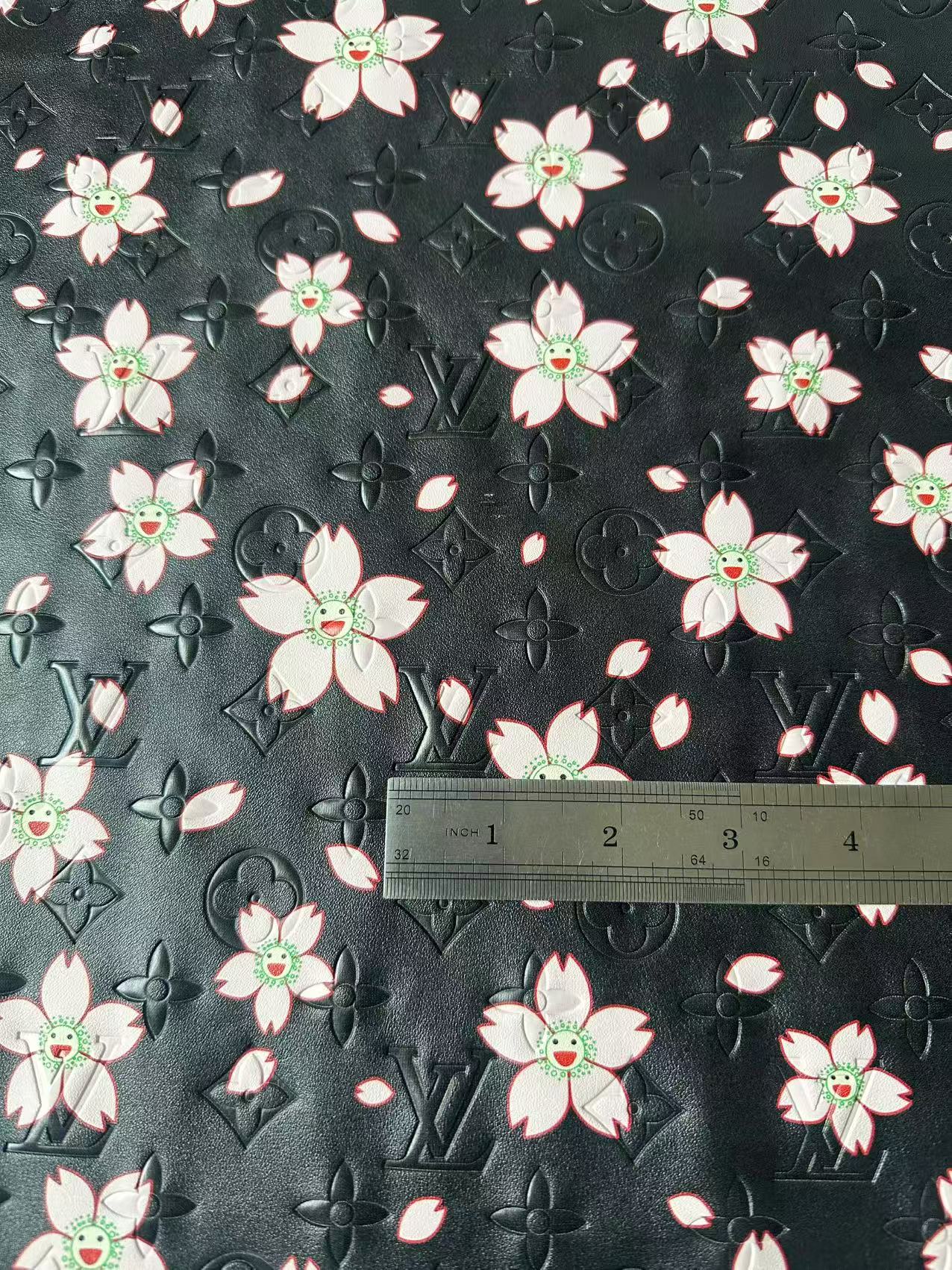 Fashion Black LV With Cherry Blossoms Embossed Leather For Handmade Sneaker,Bag ,Upholstery By Yard