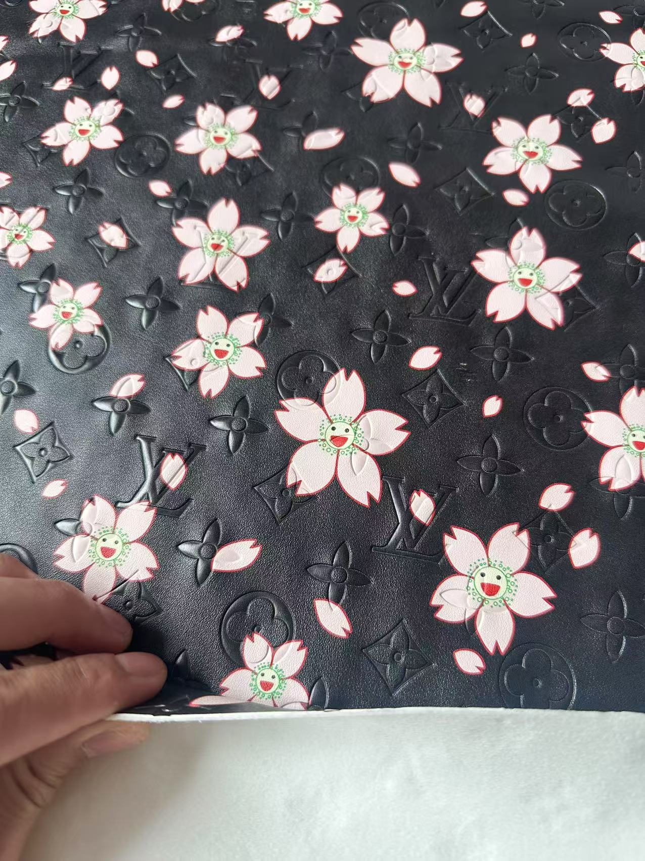 Fashion Black LV With Cherry Blossoms Embossed Leather For Handmade Sneaker,Bag ,Upholstery By Yard