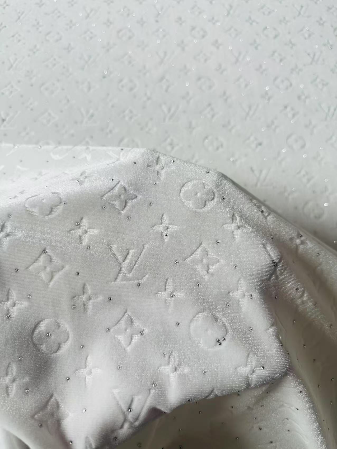 Fashion Luxury LV With Diamond Knitting Velvet Fabric For Handmade Sneaker, Upholstery ,Apparel By Yard(White)