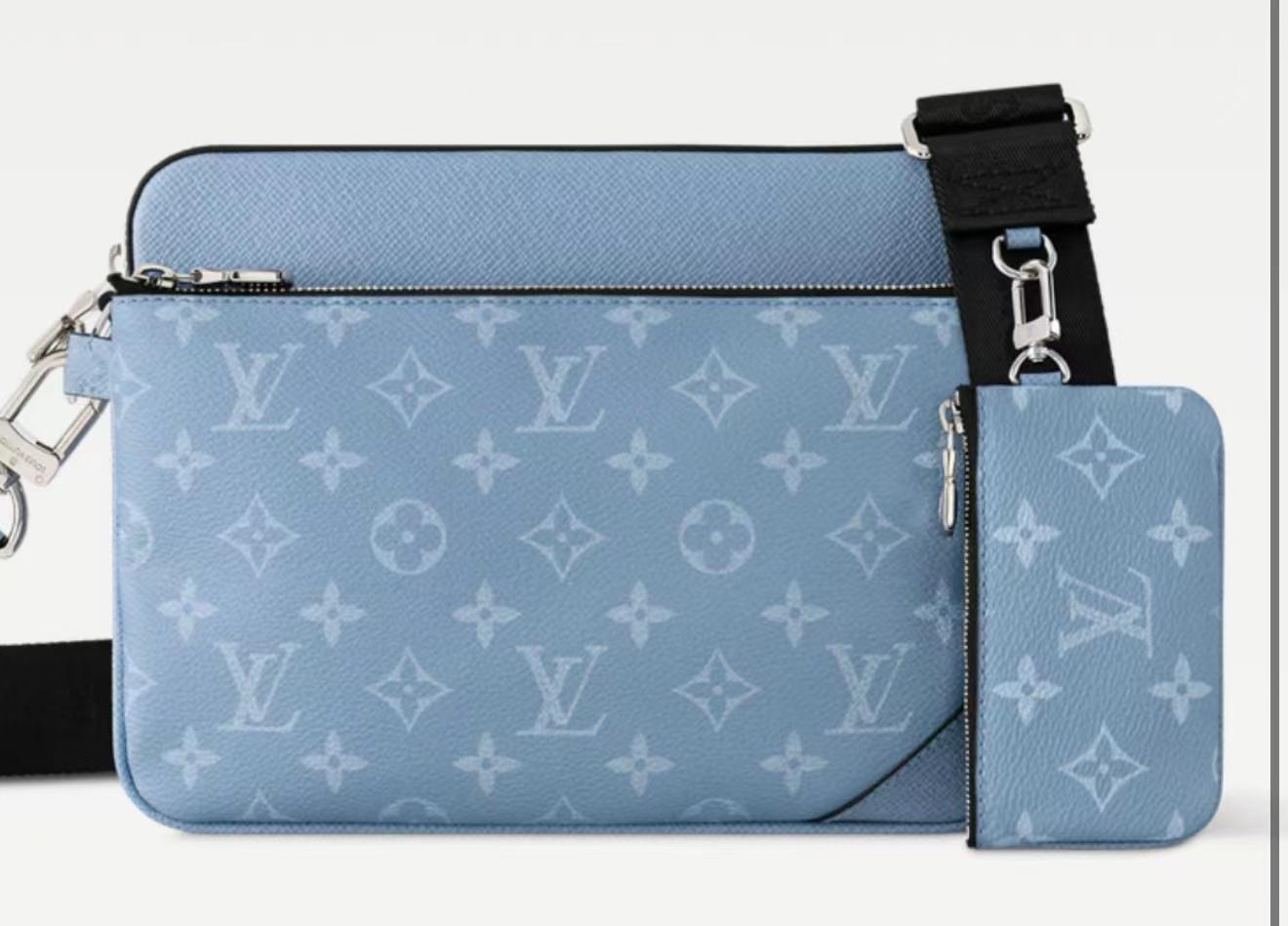 Fashion Mist Blue LV Vinyl Leather Fabric For Handmade Shoes, Wallet,Upholstery Goods By Yard