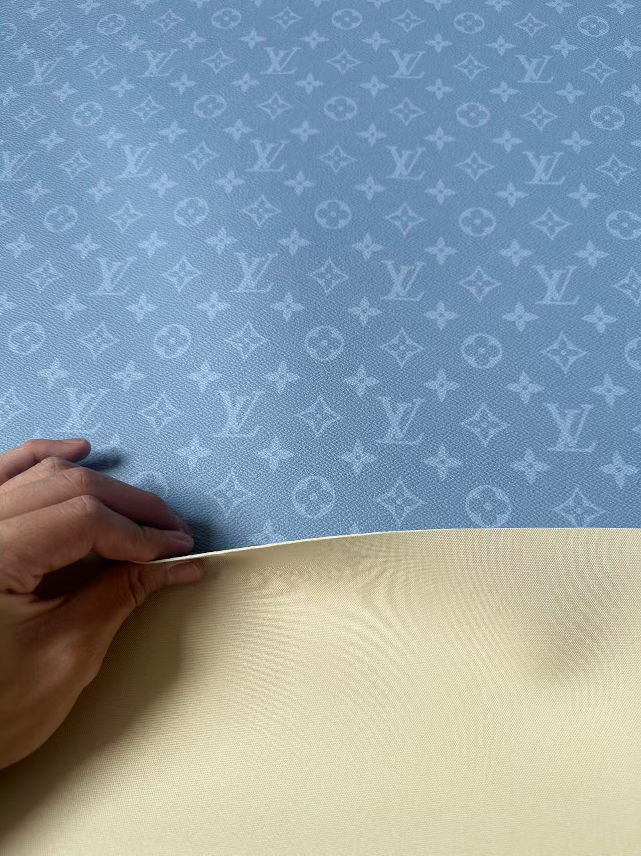 Fashion Mist Blue LV Vinyl Leather Fabric For Handmade Shoes, Wallet,Upholstery Goods By Yard