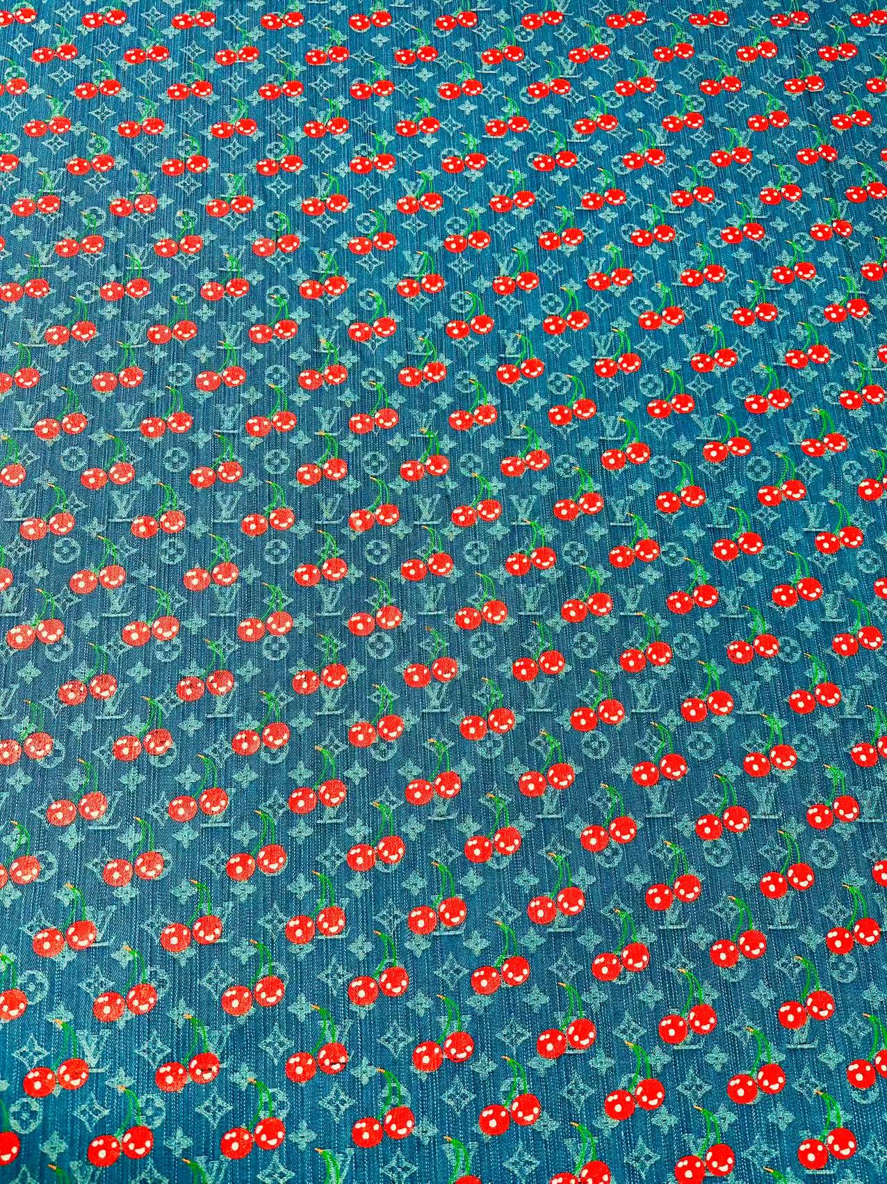 Craft Wash LV With Cherry Jacquard Denim Jean Fabric For Handmade Sewing DIY Upholstery ,Apparel, Sneaker By Yard