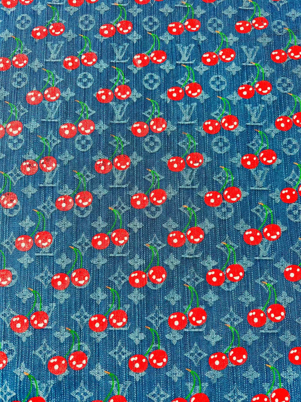 Craft Wash LV With Cherry Jacquard Denim Jean Fabric For Handmade Sewing DIY Upholstery ,Apparel, Sneaker By Yard