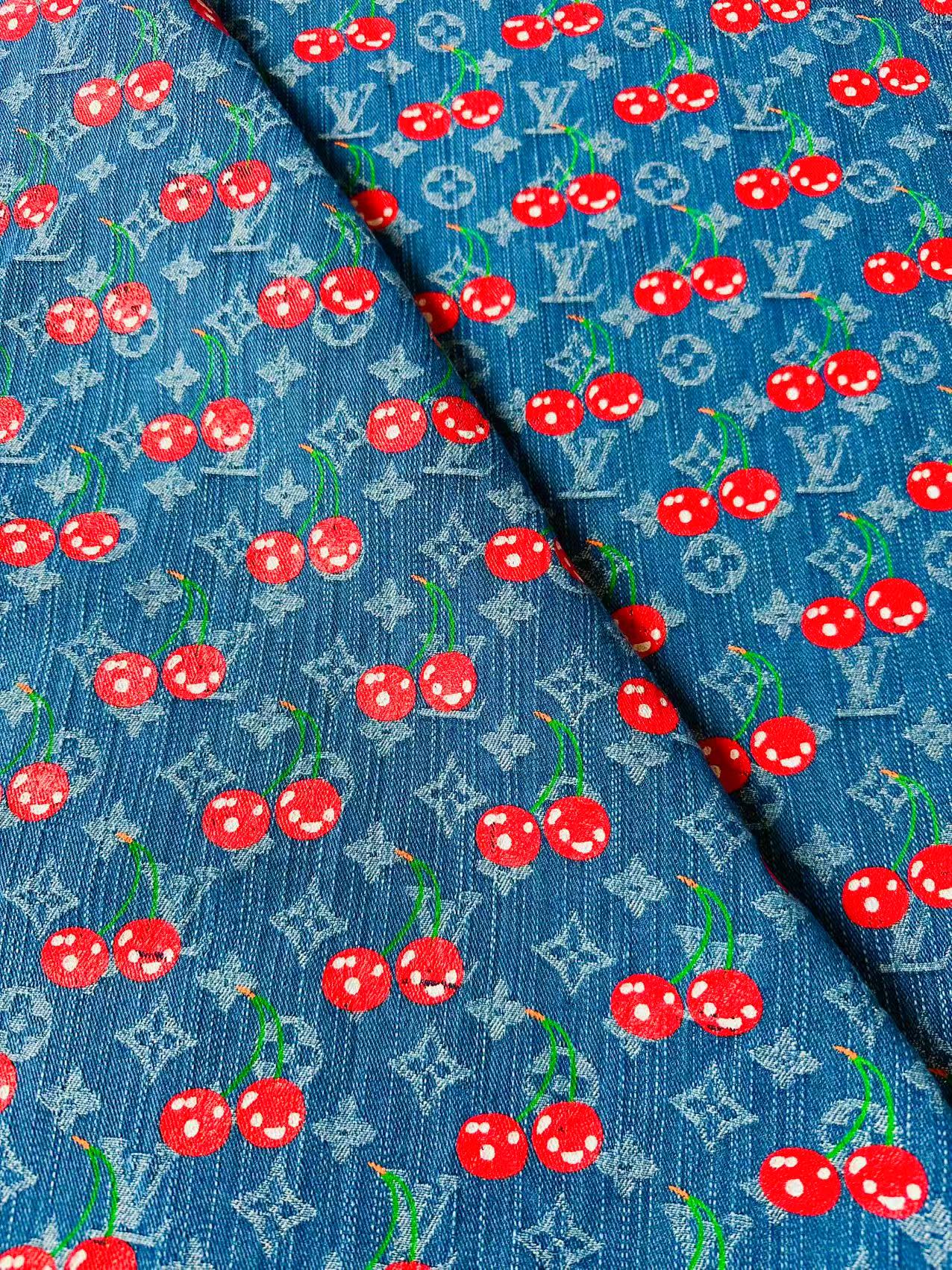 Craft Wash LV With Cherry Jacquard Denim Jean Fabric For Handmade Sewing DIY Upholstery ,Apparel, Sneaker By Yard