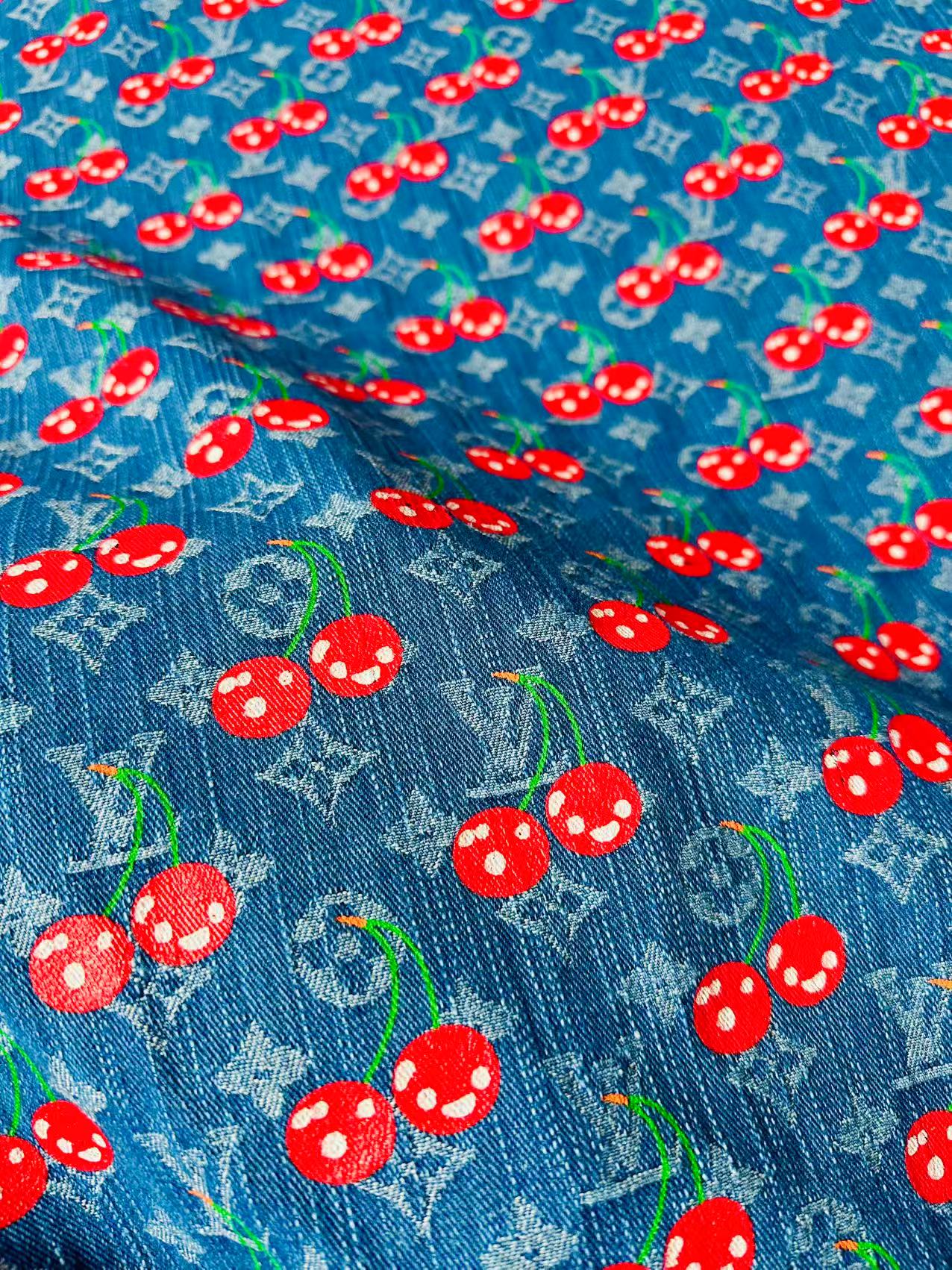 Craft Wash LV With Cherry Jacquard Denim Jean Fabric For Handmade Sewing DIY Upholstery ,Apparel, Sneaker By Yard