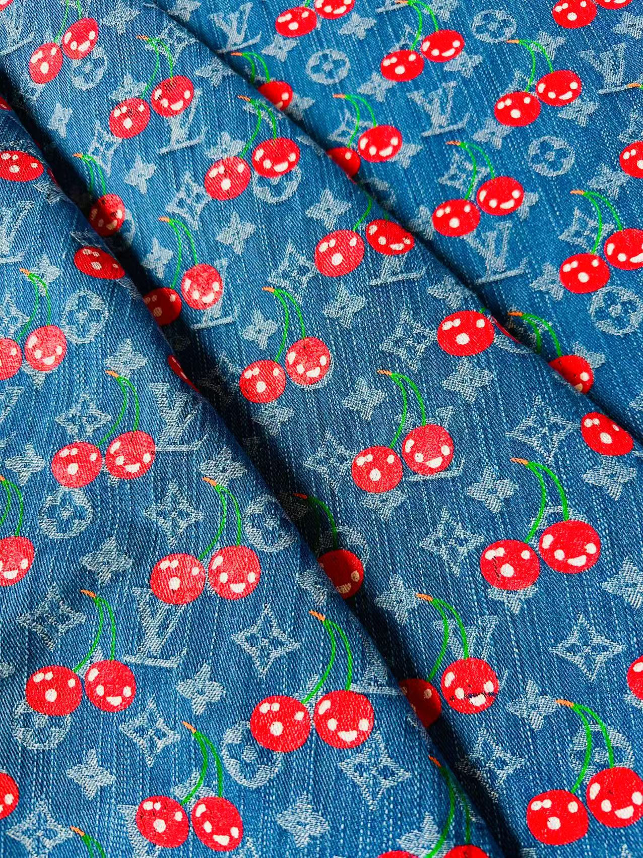 Craft Wash LV With Cherry Jacquard Denim Jean Fabric For Handmade Sewing DIY Upholstery ,Apparel, Sneaker By Yard