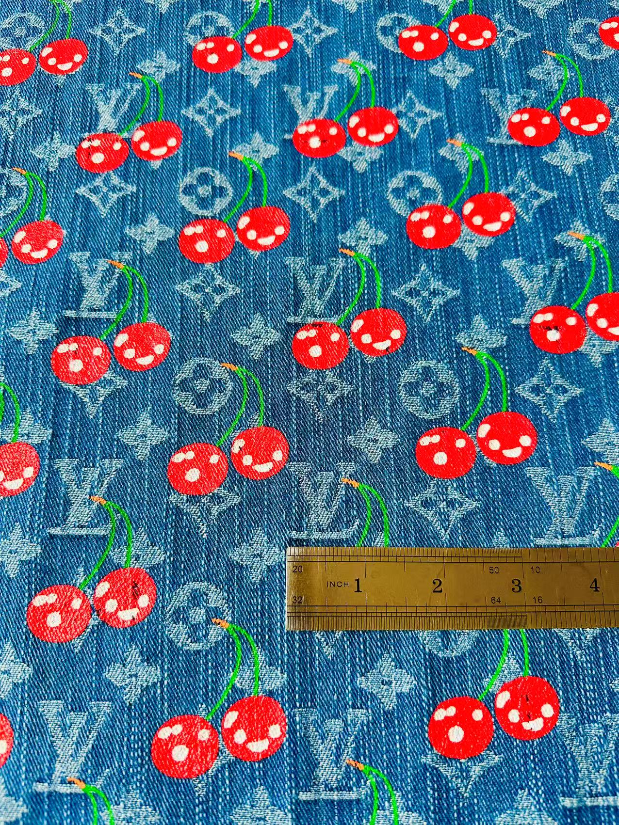 Craft Wash LV With Cherry Jacquard Denim Jean Fabric For Handmade Sewing DIY Upholstery ,Apparel, Sneaker By Yard