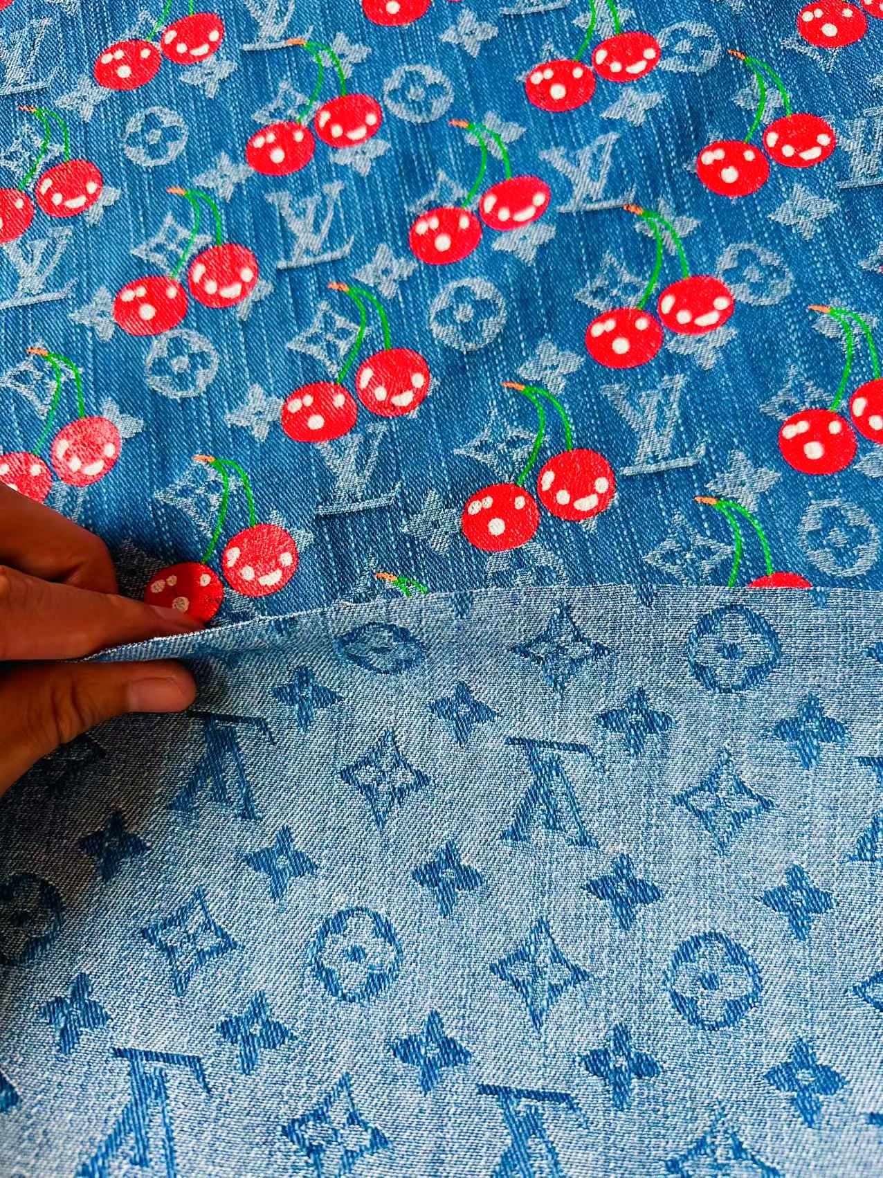 Craft Wash LV With Cherry Jacquard Denim Jean Fabric For Handmade Sewing DIY Upholstery ,Apparel, Sneaker By Yard