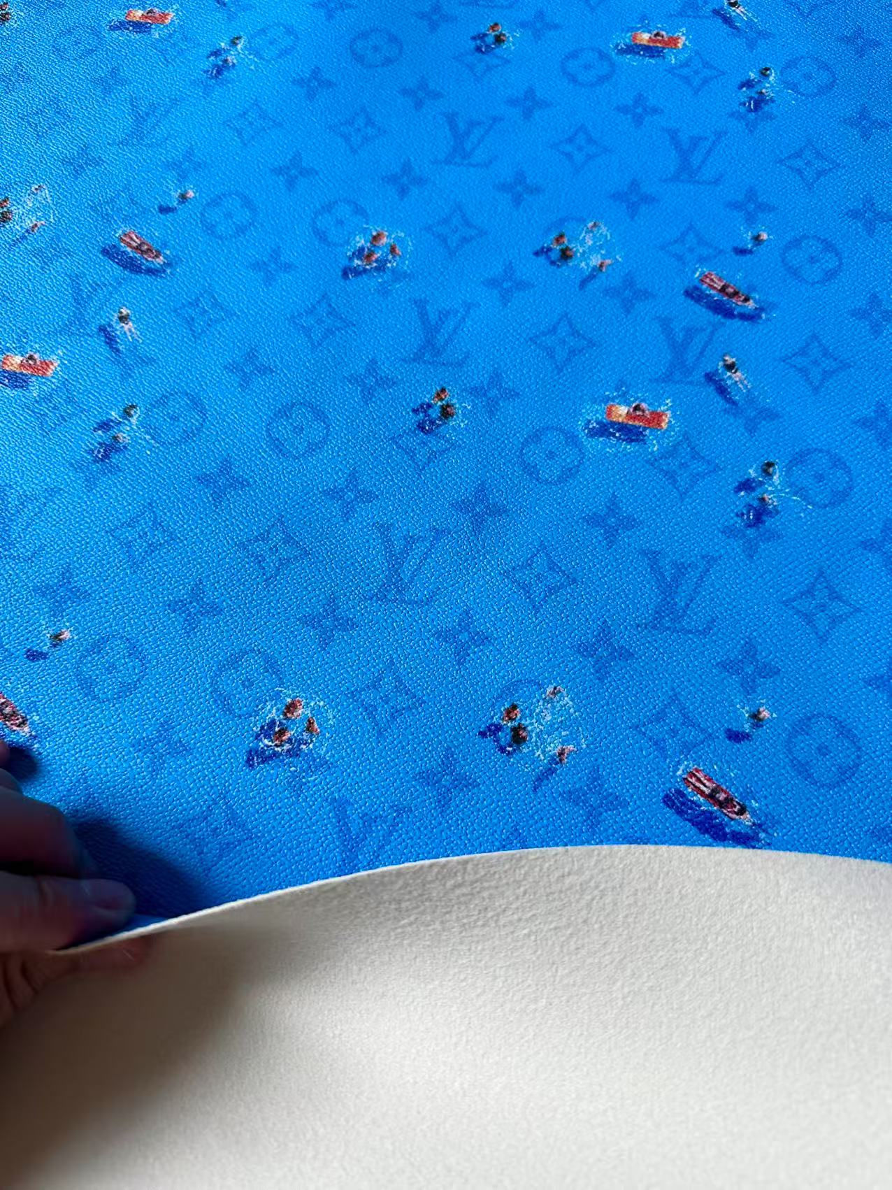 Craft Blue Swimming LV Leather Fabric For Handmade Shoes ,Bag ,Upholstery Goods By Yard