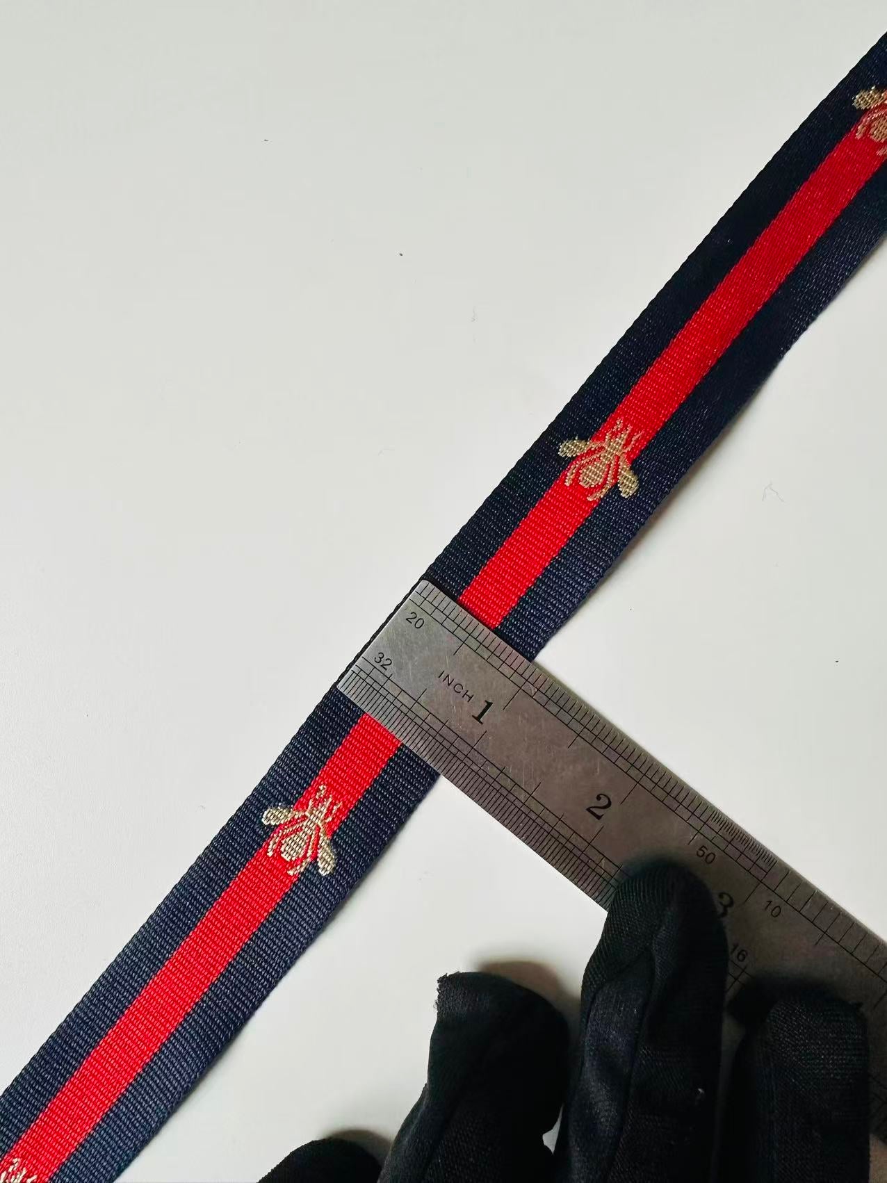 Classic Gucci with Bee Strap ,Handmade Striped Ribbon Trim with Bee Embroidered For shoes ,Bags ,Handicrafts By Yard (Navy Blue with Red )