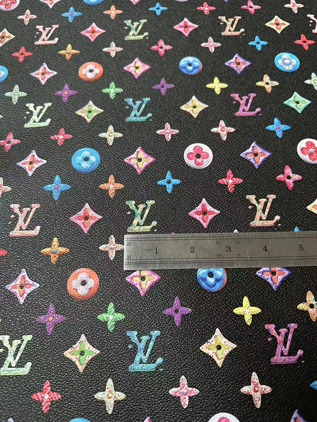 Black Colorful DIY Graffiti LV Leather Fabric For Sneaker, Shoes Upholstery Goods By Yard