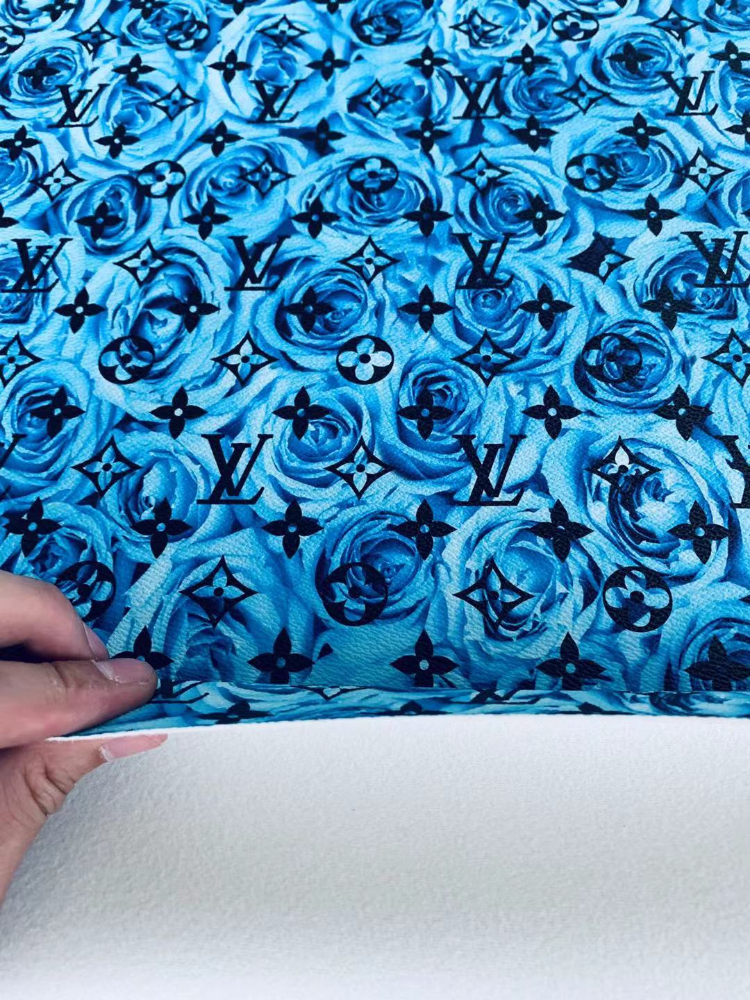 Classic LV Blue Rose Leather Case Fabric,Handmade Bag Fabric,Hand-made Shoes Fabric By Yard (Blue Rose)