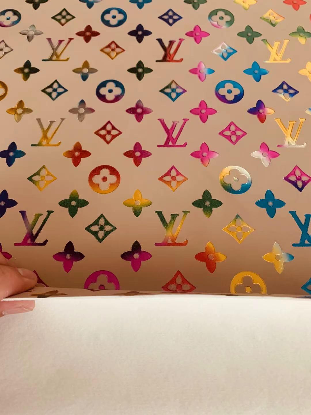 Classic LV Lighting Colorful Embossed Leather Fabric ,Handmade Bags Leather ,Handmade Shoes Leather By Yard( Off White Colors of the rainbow)