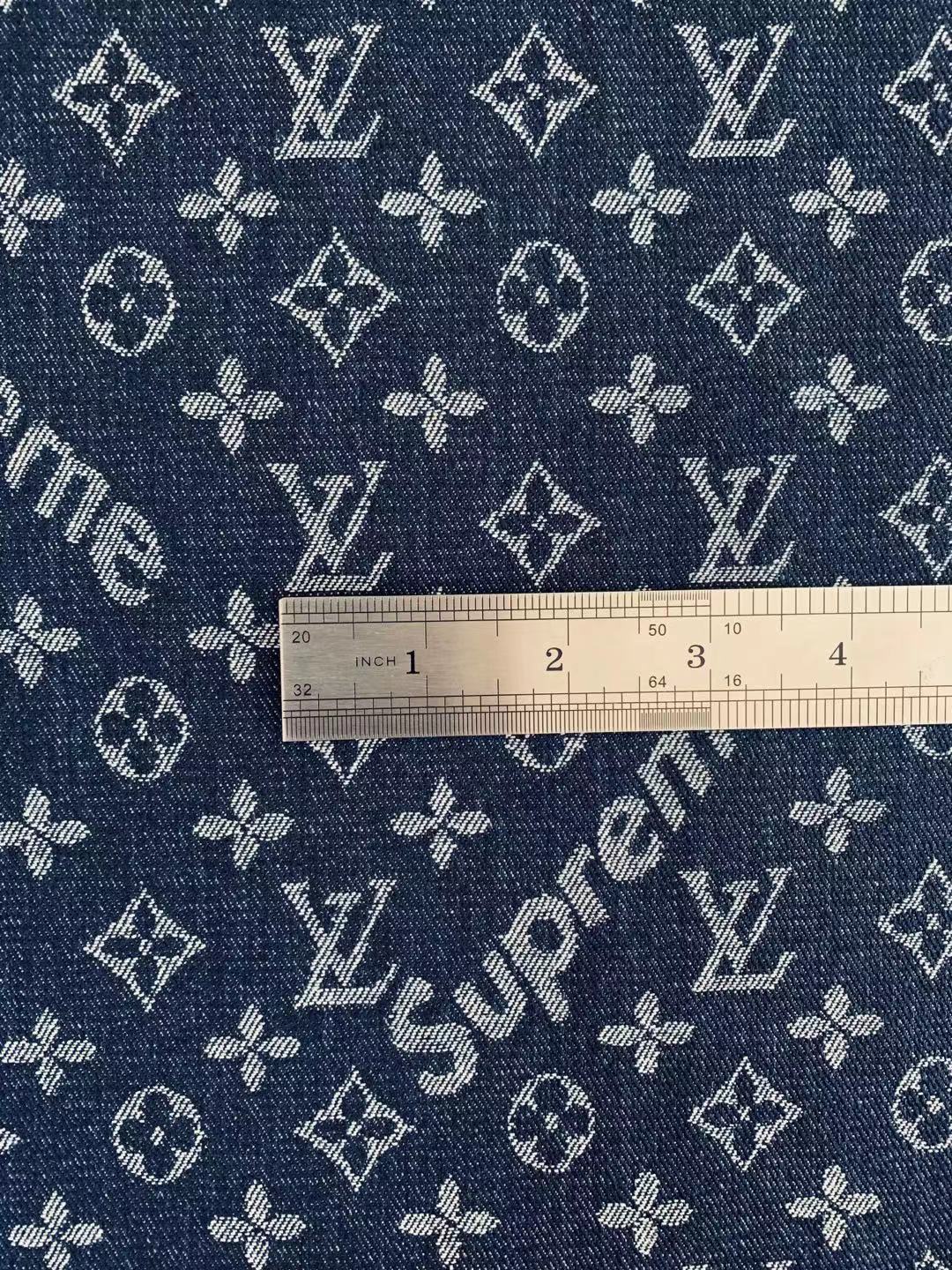 Classic LV With Supreme Denim Woven Jacquard fabric , Jean Fabric For Handmade Goods By Yard ( Dark Blue )