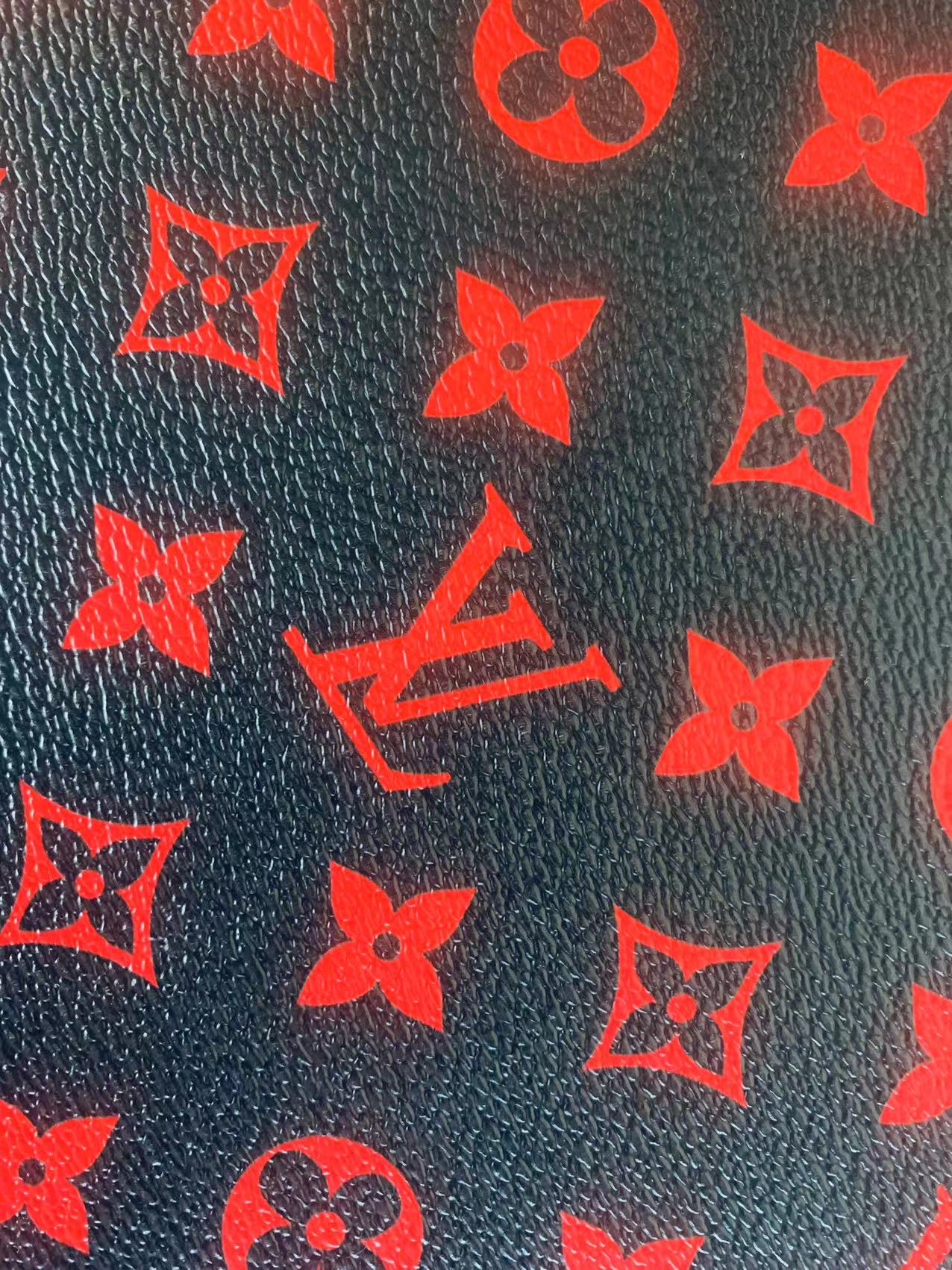 Classic LV Vinyl Leather Case Fabric, Handmade Bag Fabric ,Hand-made Shoes Fabric By Yard(Black With Red)