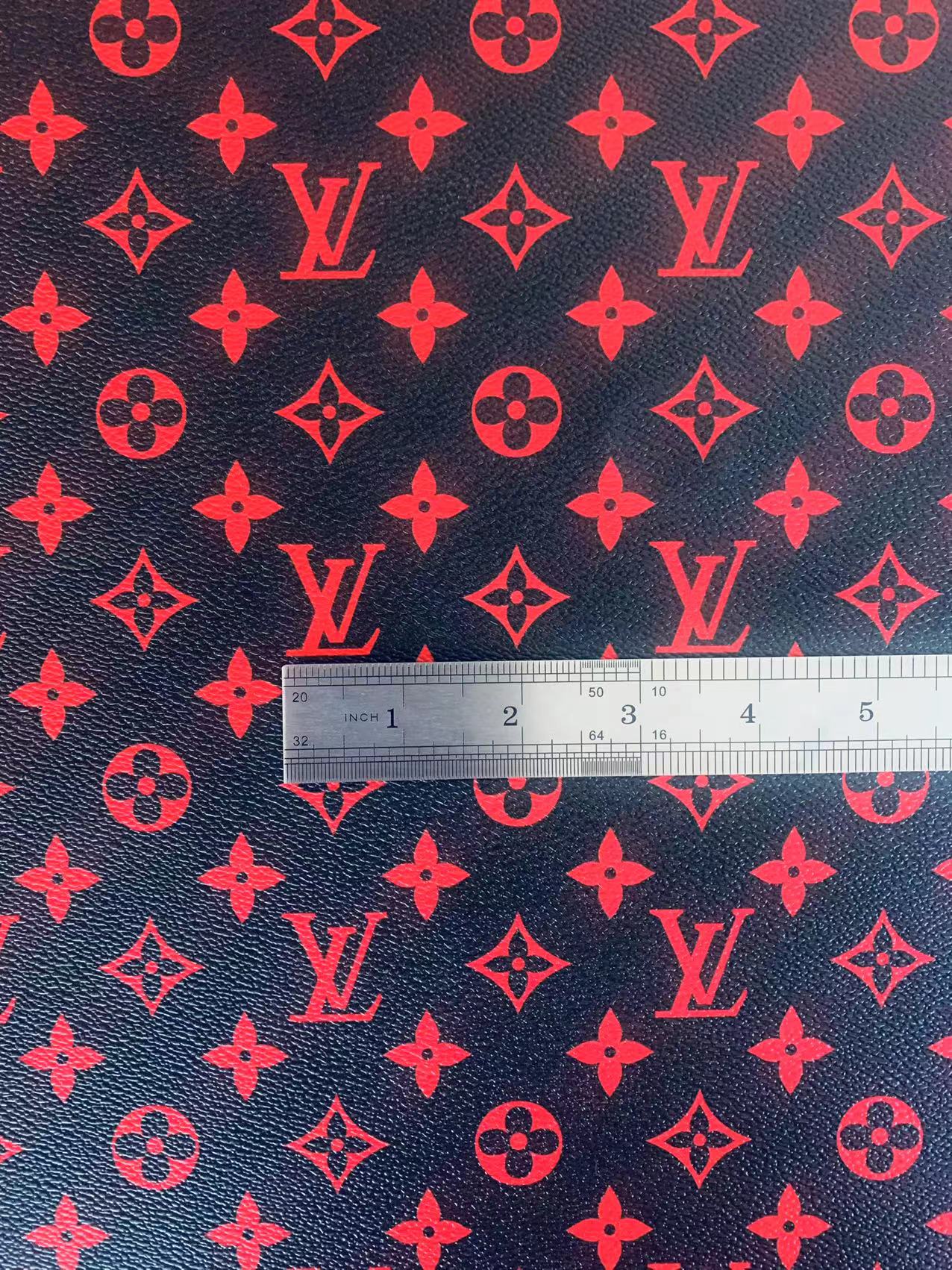 Classic LV Vinyl Leather Case Fabric, Handmade Bag Fabric ,Hand-made Shoes Fabric By Yard(Black With Red)