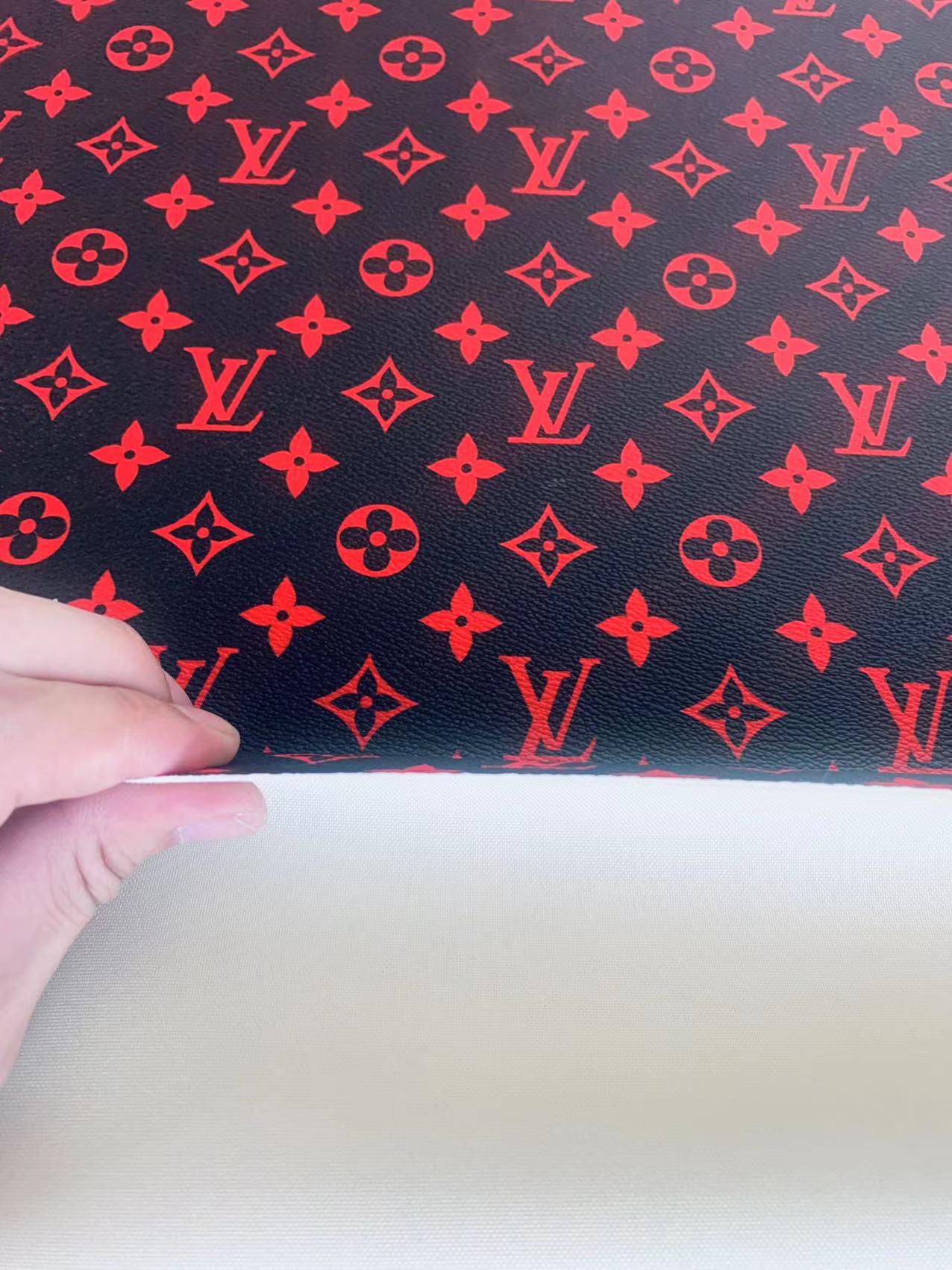 Classic LV Vinyl Leather Case Fabric, Handmade Bag Fabric ,Hand-made Shoes Fabric By Yard(Black With Red)