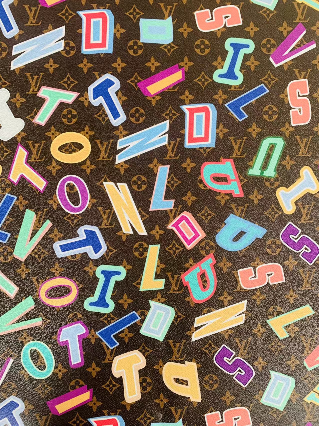Classic LV Colorful Word Leather Crafting Fabric For Handmade Bags ,Shoes ,Bike and DIY Handicrafts By Yard