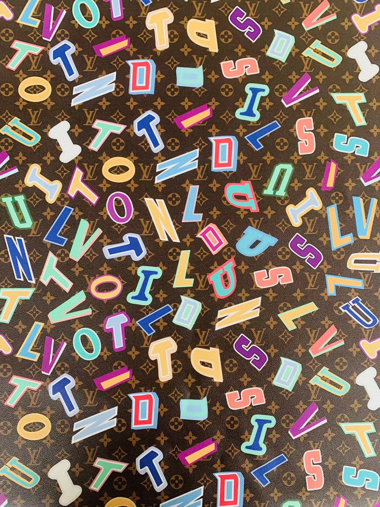 Classic LV Colorful Word Leather Crafting Fabric For Handmade Bags ,Shoes ,Bike and DIY Handicrafts By Yard