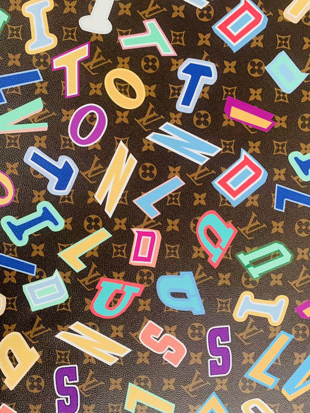Classic LV Colorful Word Leather Crafting Fabric For Handmade Bags ,Shoes ,Bike and DIY Handicrafts By Yard
