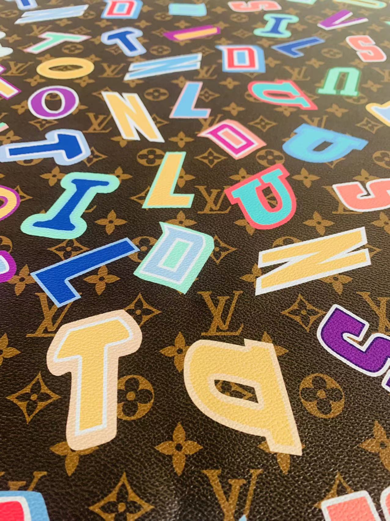 Classic LV Colorful Word Leather Crafting Fabric For Handmade Bags ,Shoes ,Bike and DIY Handicrafts By Yard