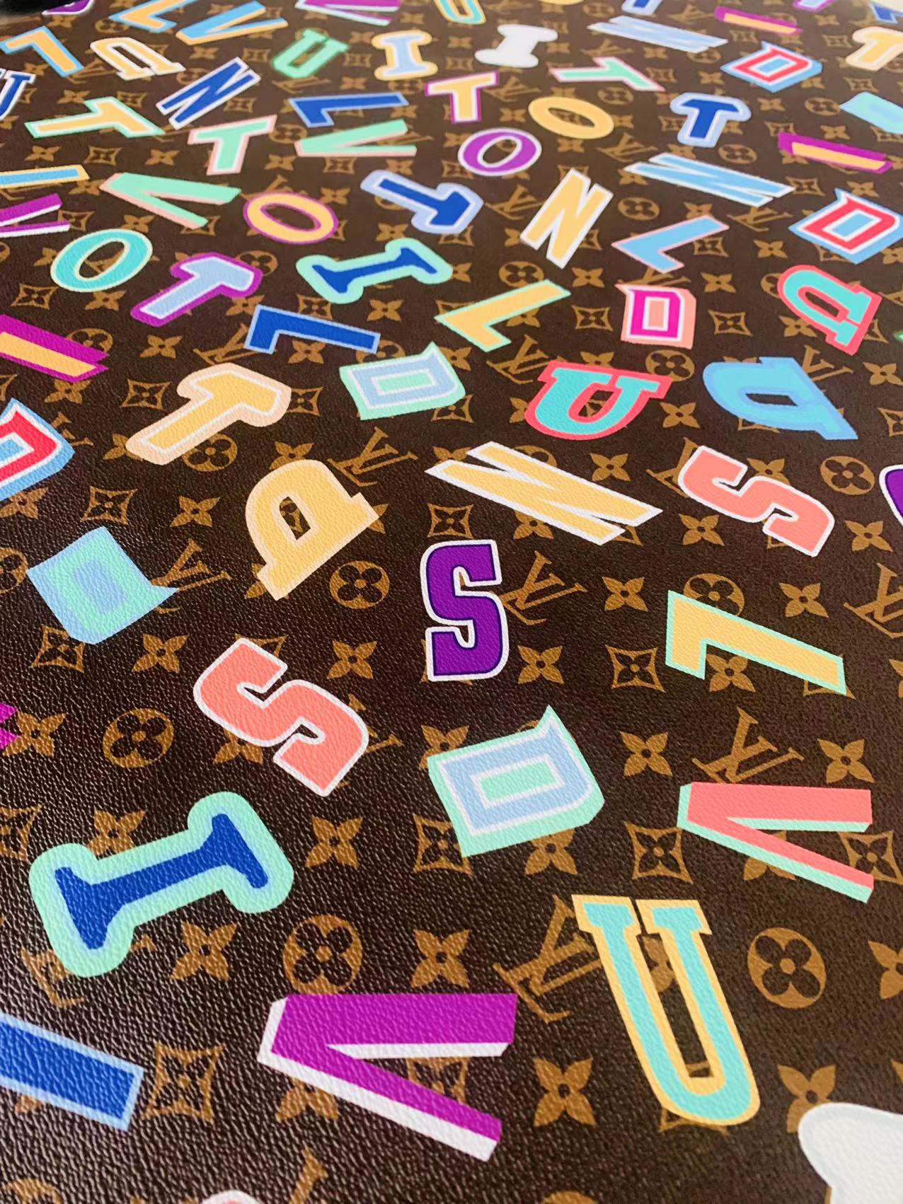 Classic LV Colorful Word Leather Crafting Fabric For Handmade Bags ,Shoes ,Bike and DIY Handicrafts By Yard